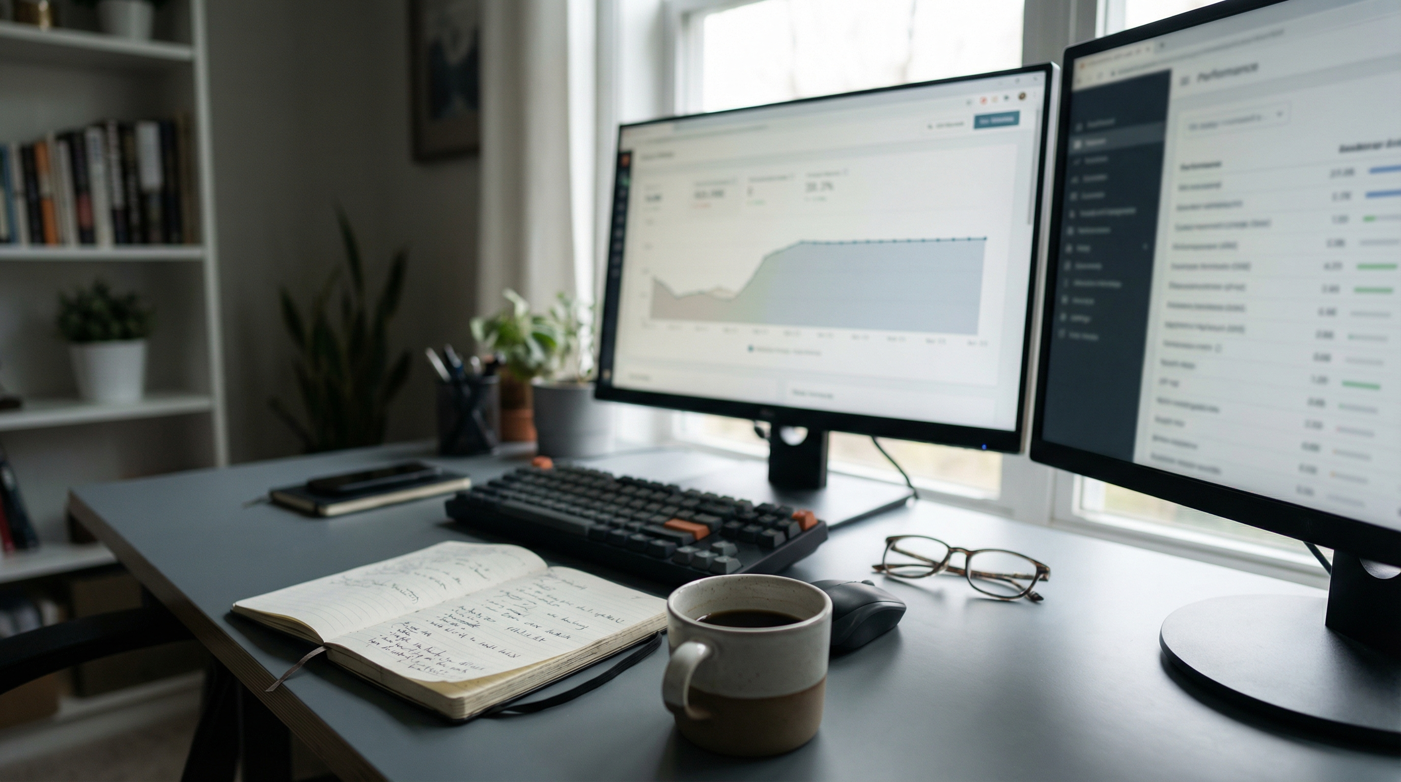 Realistic analytics-focused workspace showing affiliate website performance tracking