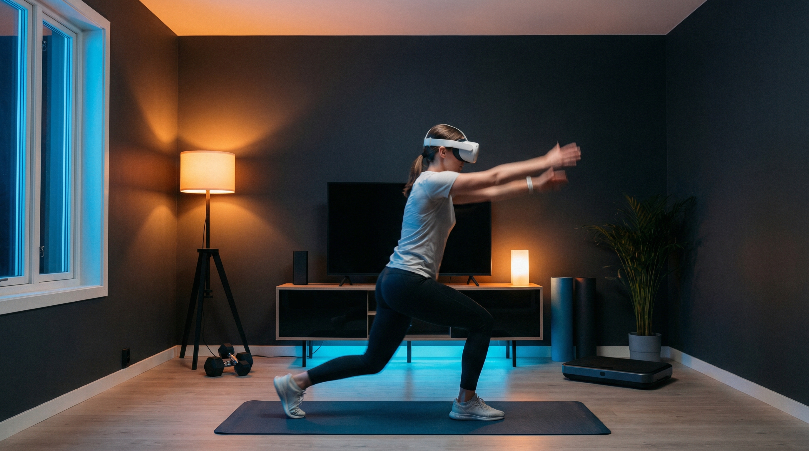 Person training with VR headset in a focused home fitness environment