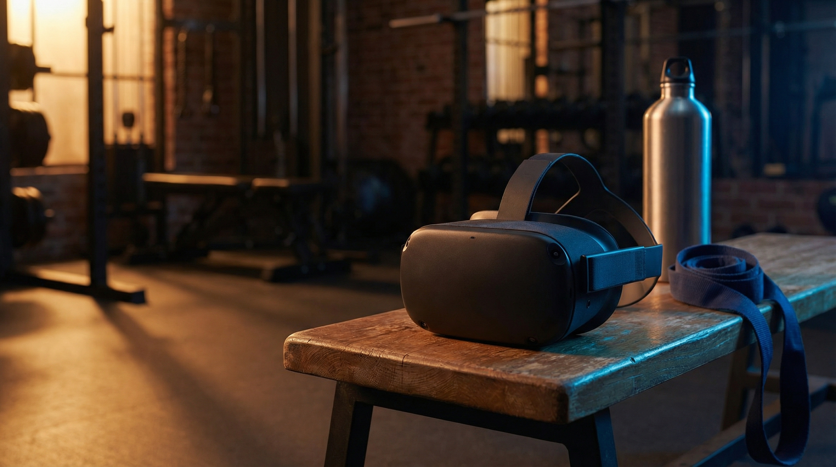 VR headset and simple fitness equipment representing a structured training plan