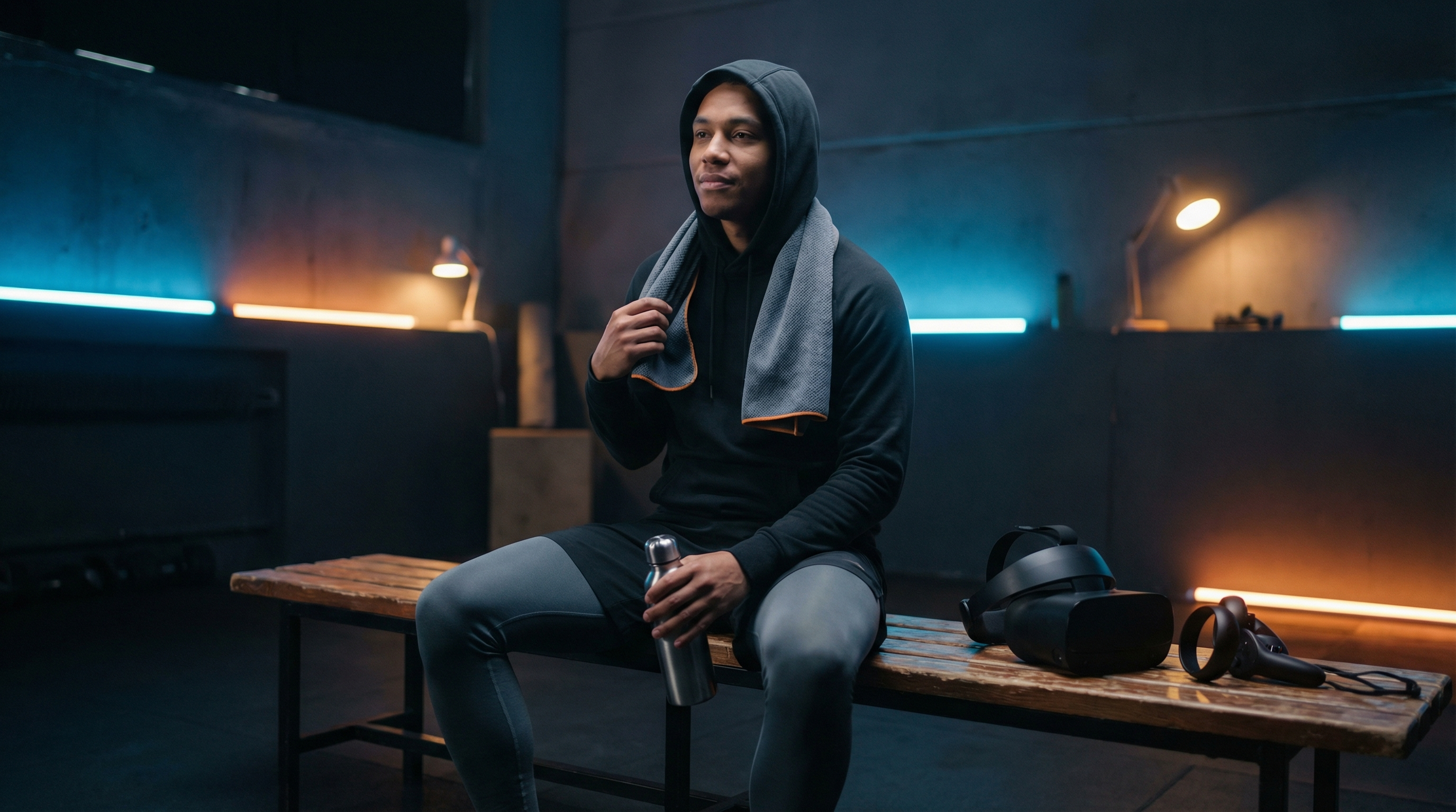 Post-workout recovery scene with VR headset nearby representing overcoming training challenges