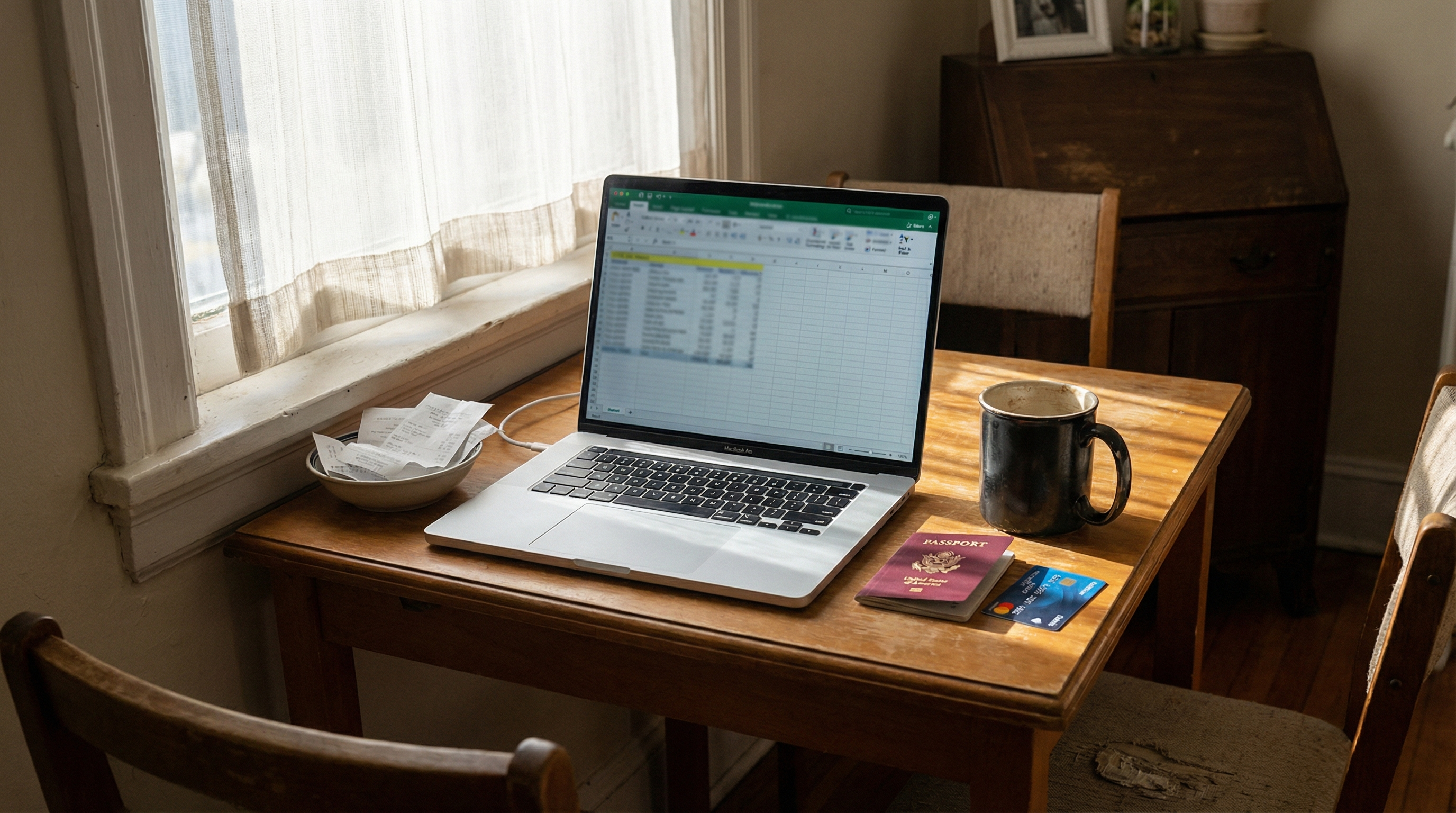 Digital nomad budgeting workspace with passport and laptop