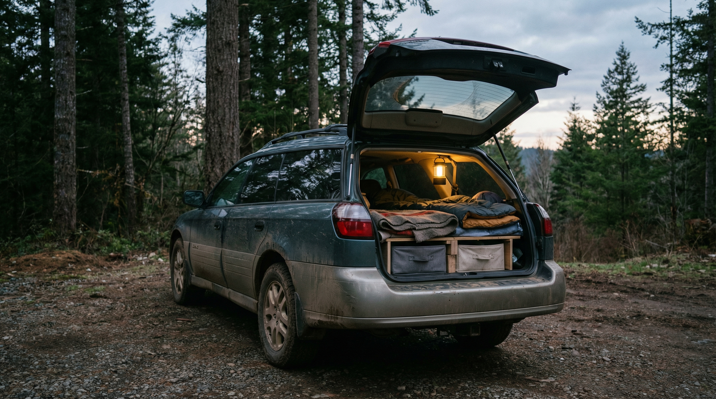 SUV car camping setup at dusk with sleeping platform and organized gear