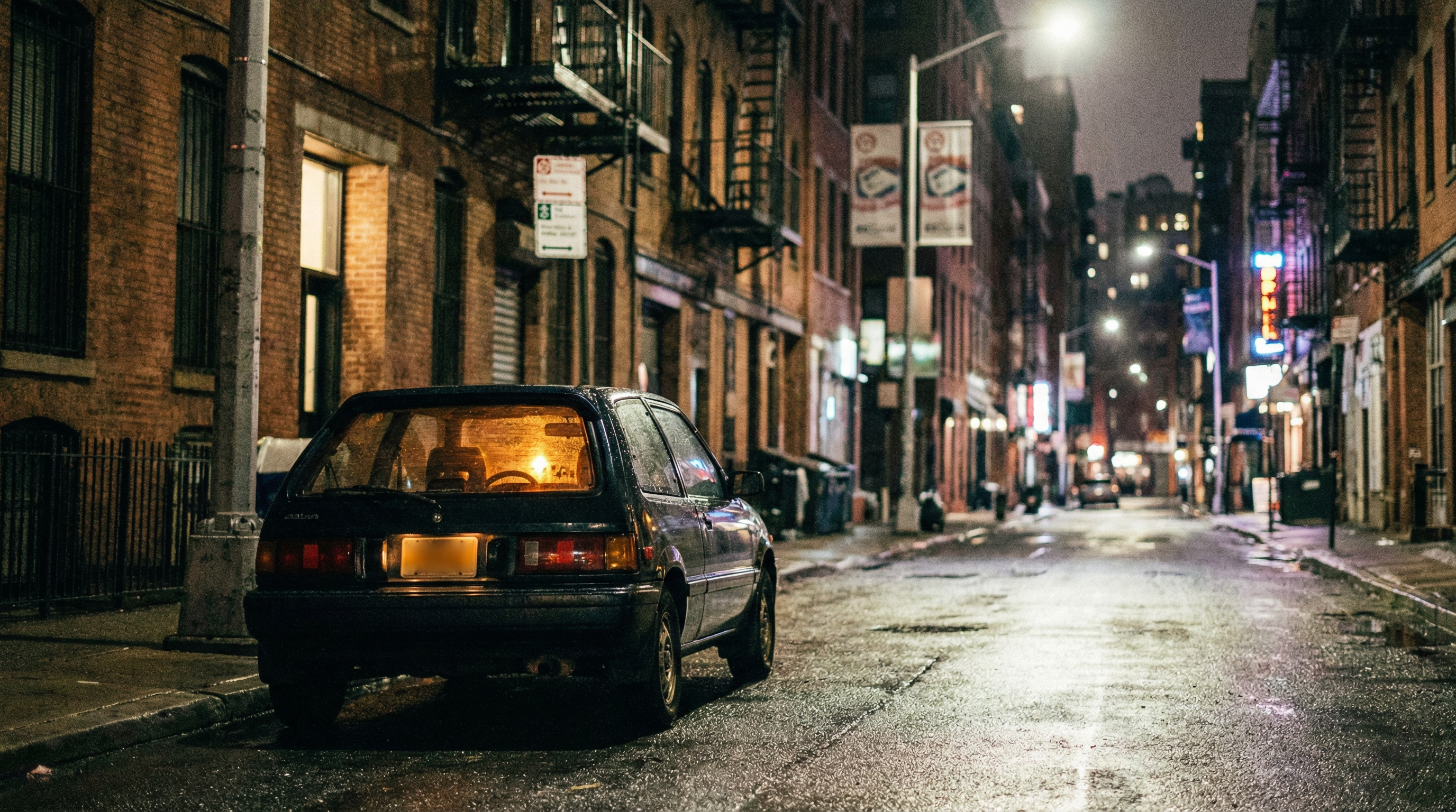 Car parked on a city street at night near parking restriction signs