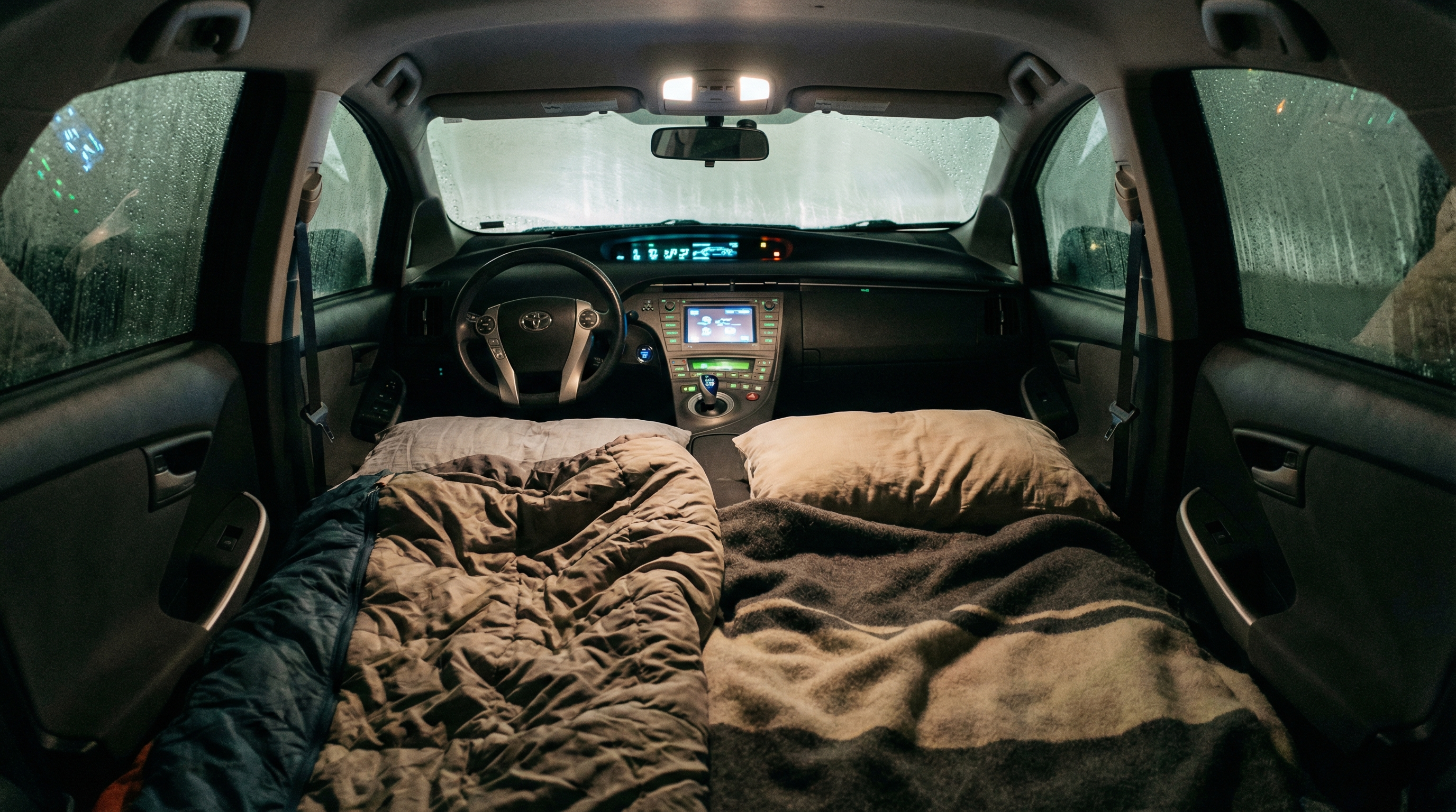 Hybrid vehicle interior with climate control display glowing at night and bedding setup in back