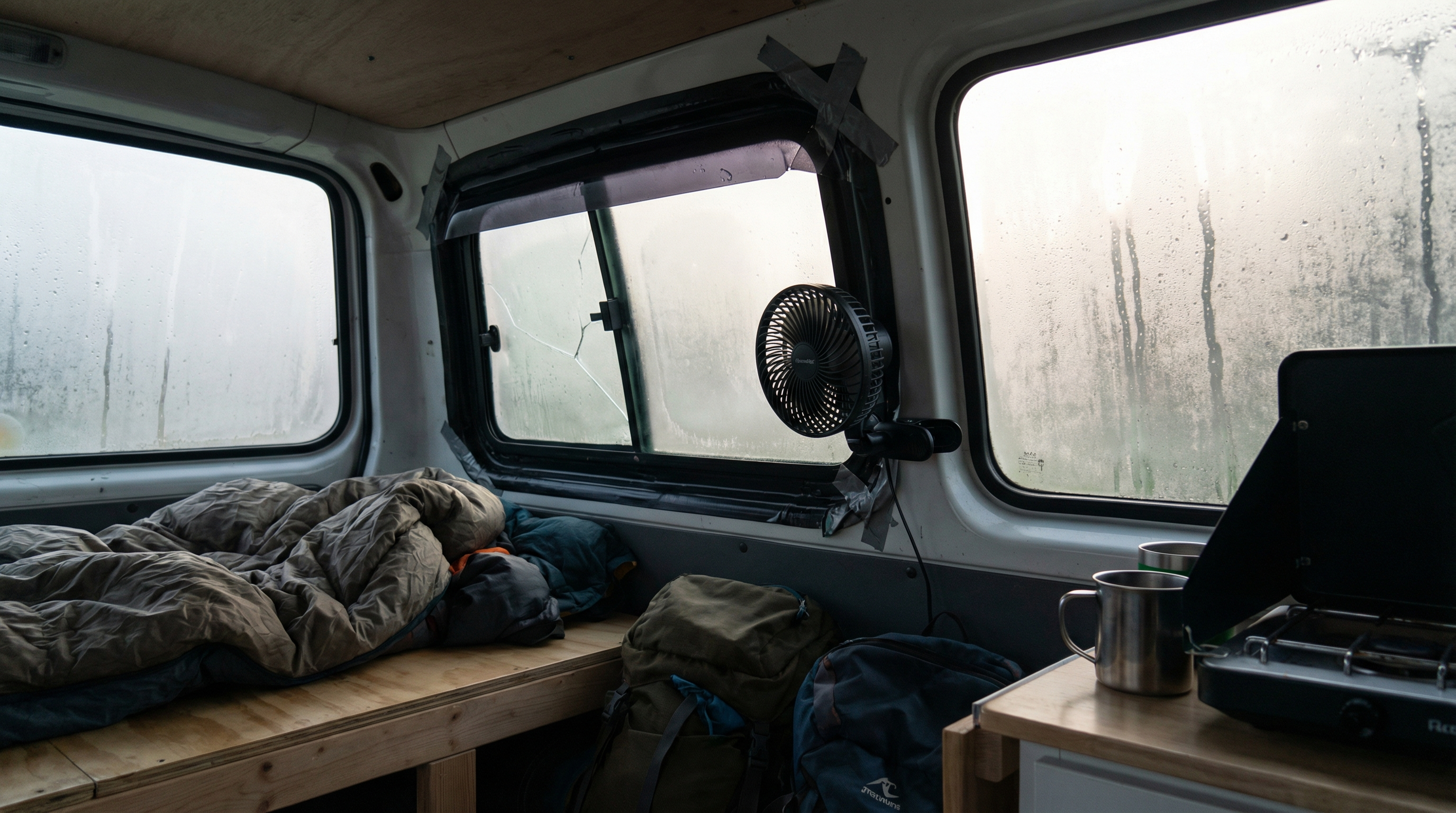 Car camping interior with condensation on windows and a small fan near a cracked window