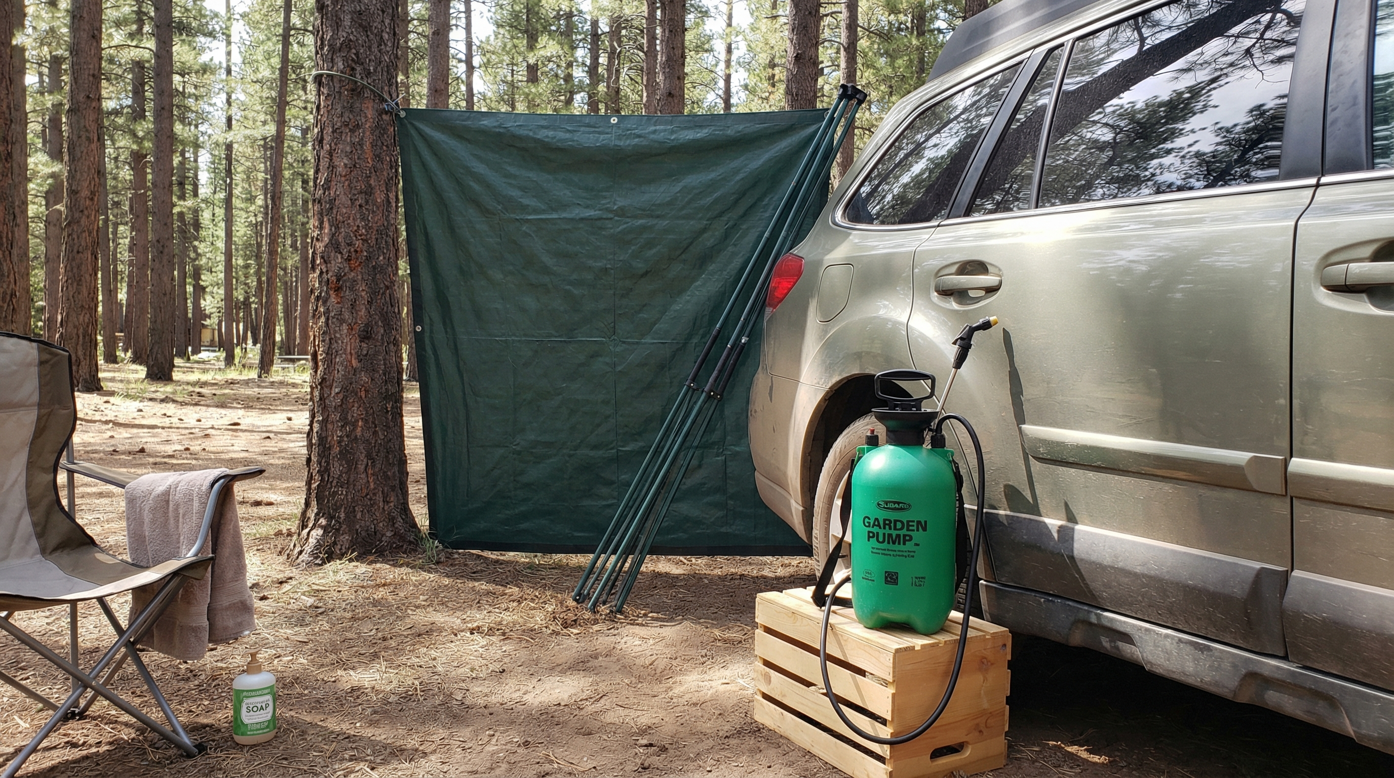 Outdoor car camping shower setup using a pump sprayer and privacy shelter