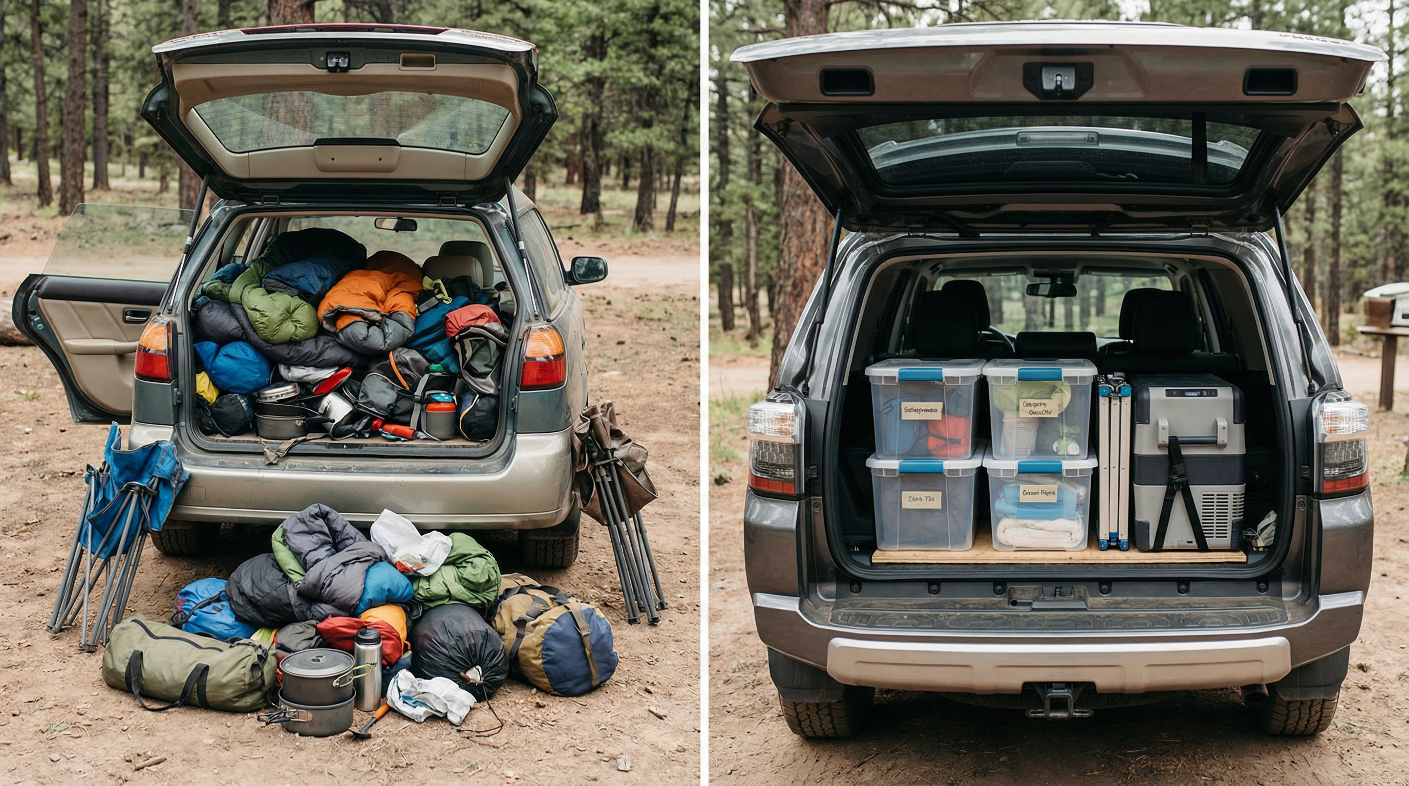Comparison of messy overpacked car camping setup vs organized storage system