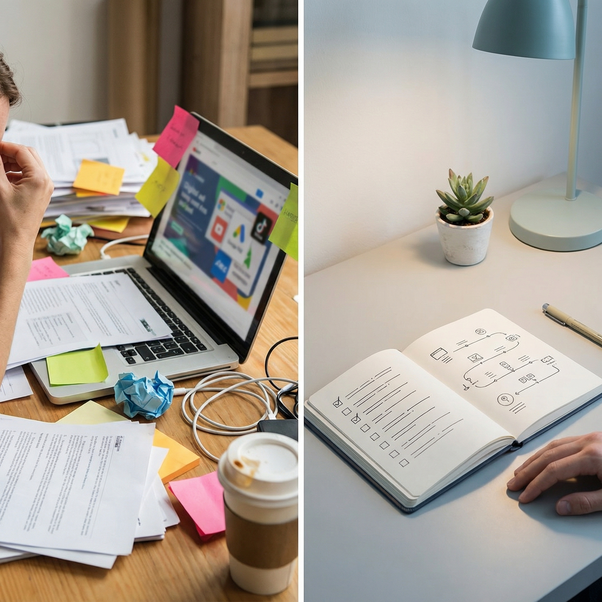 Contrast between chaotic online marketing hype and structured planning