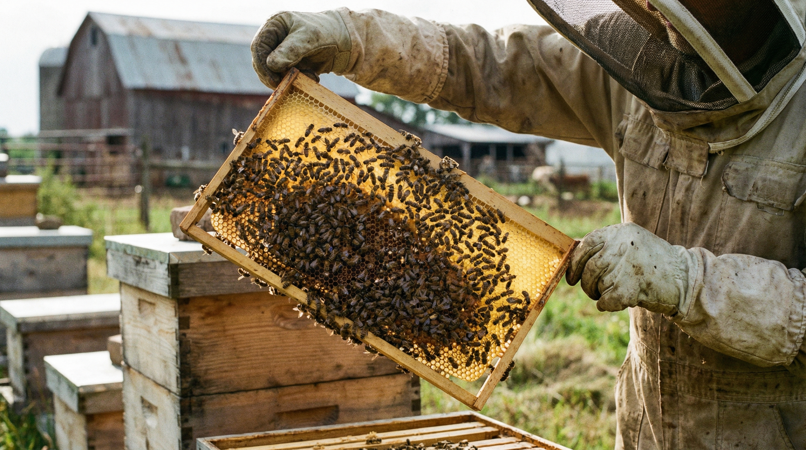 Beekeeper lifting a frame of honeycomb with active bees