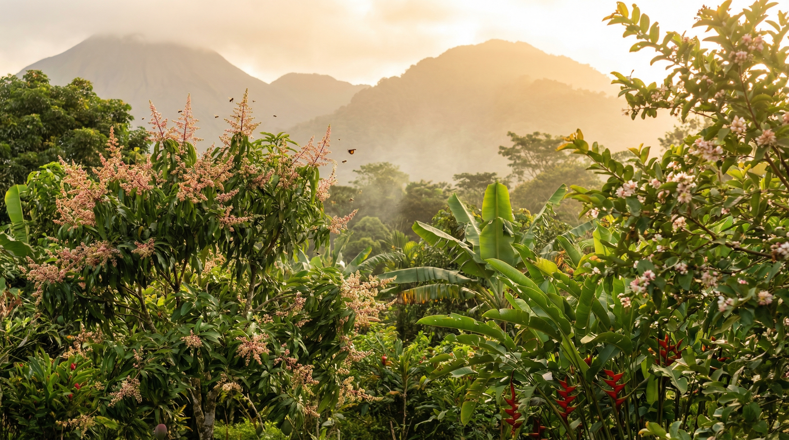 Tropical orchard with flowering trees and pollinator-friendly landscape