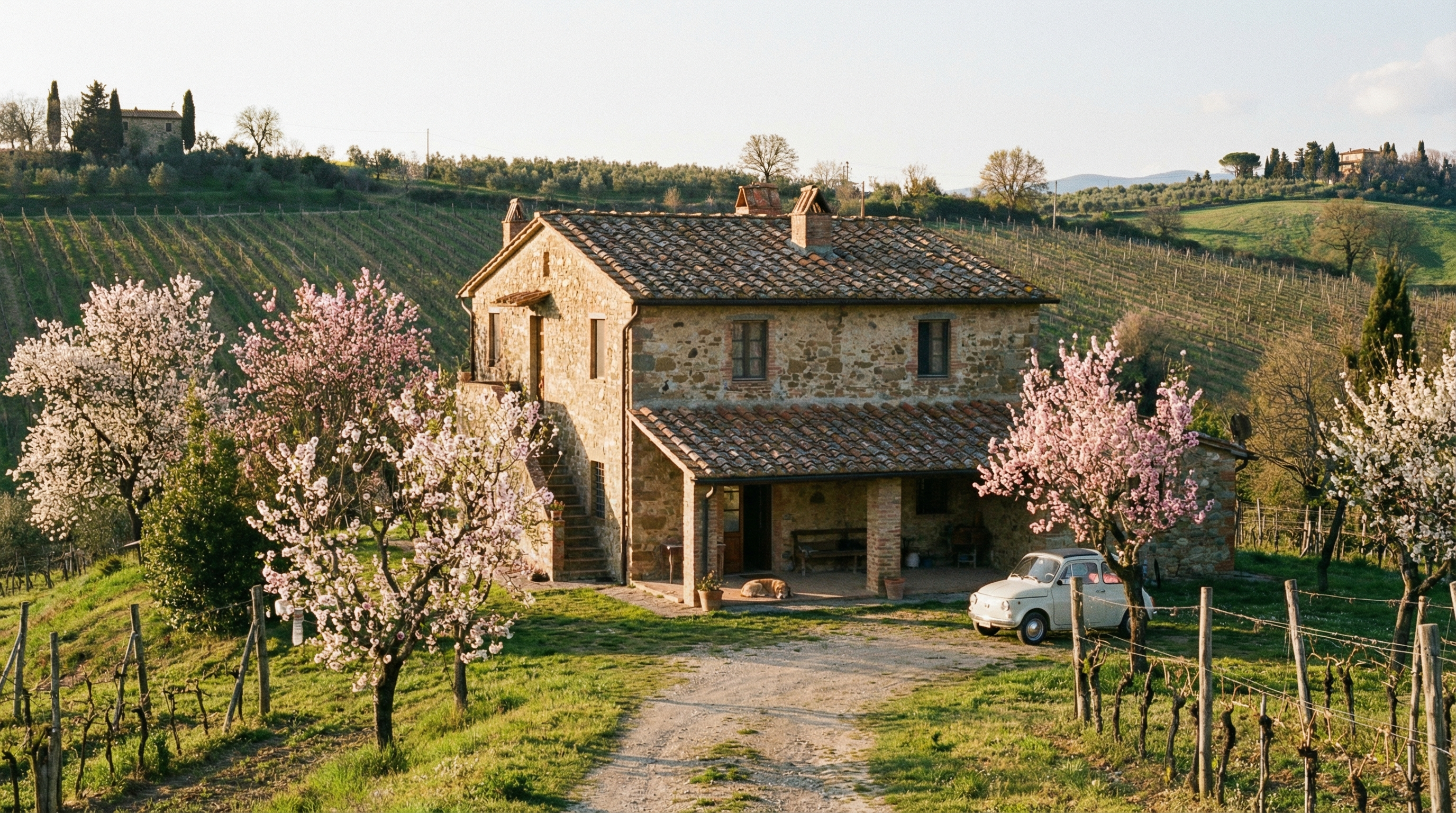Rustic countryside farmhouse near orchards or vineyards in Europe