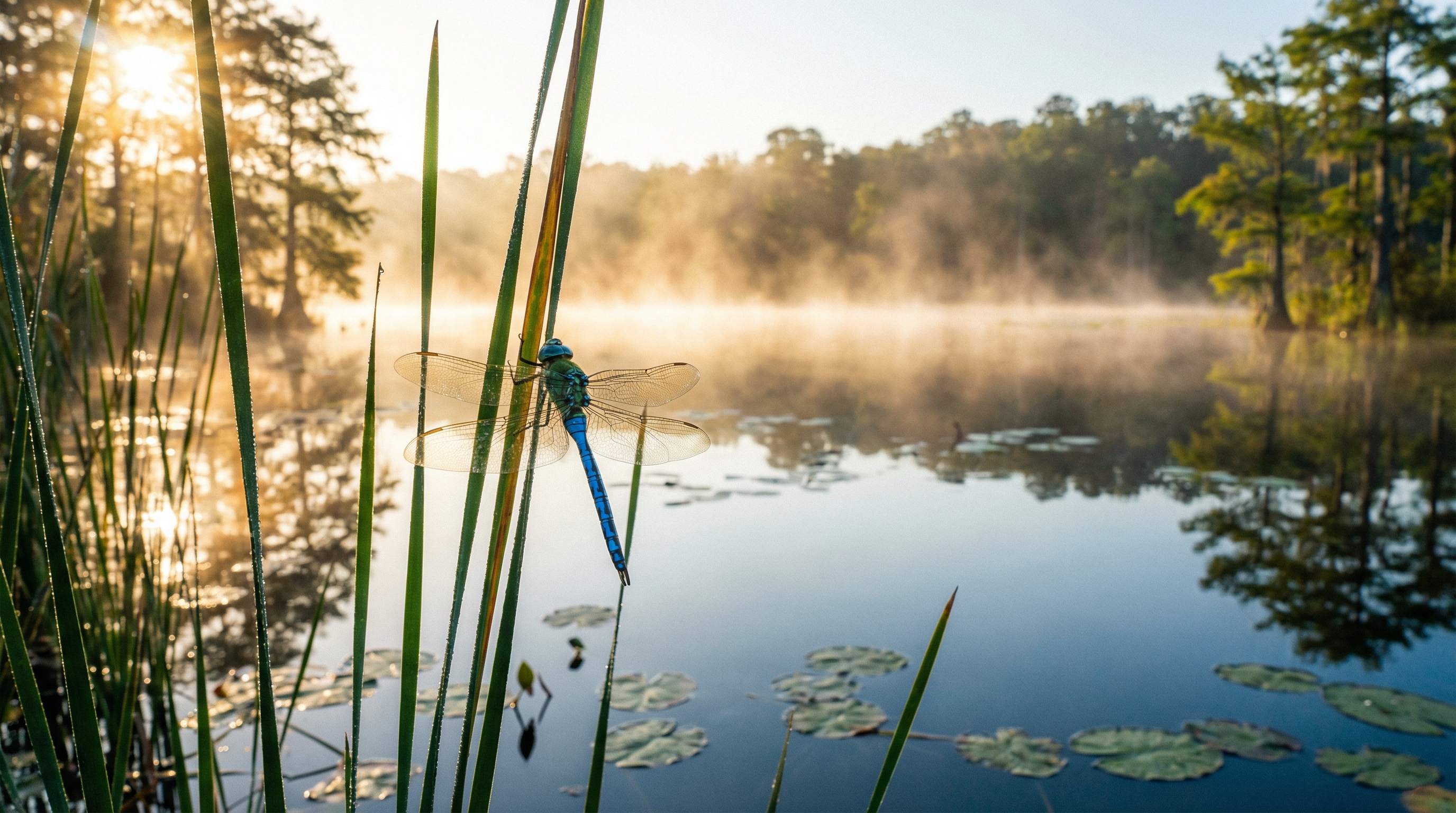 Dragonfly perched on reeds at sunrise wetland