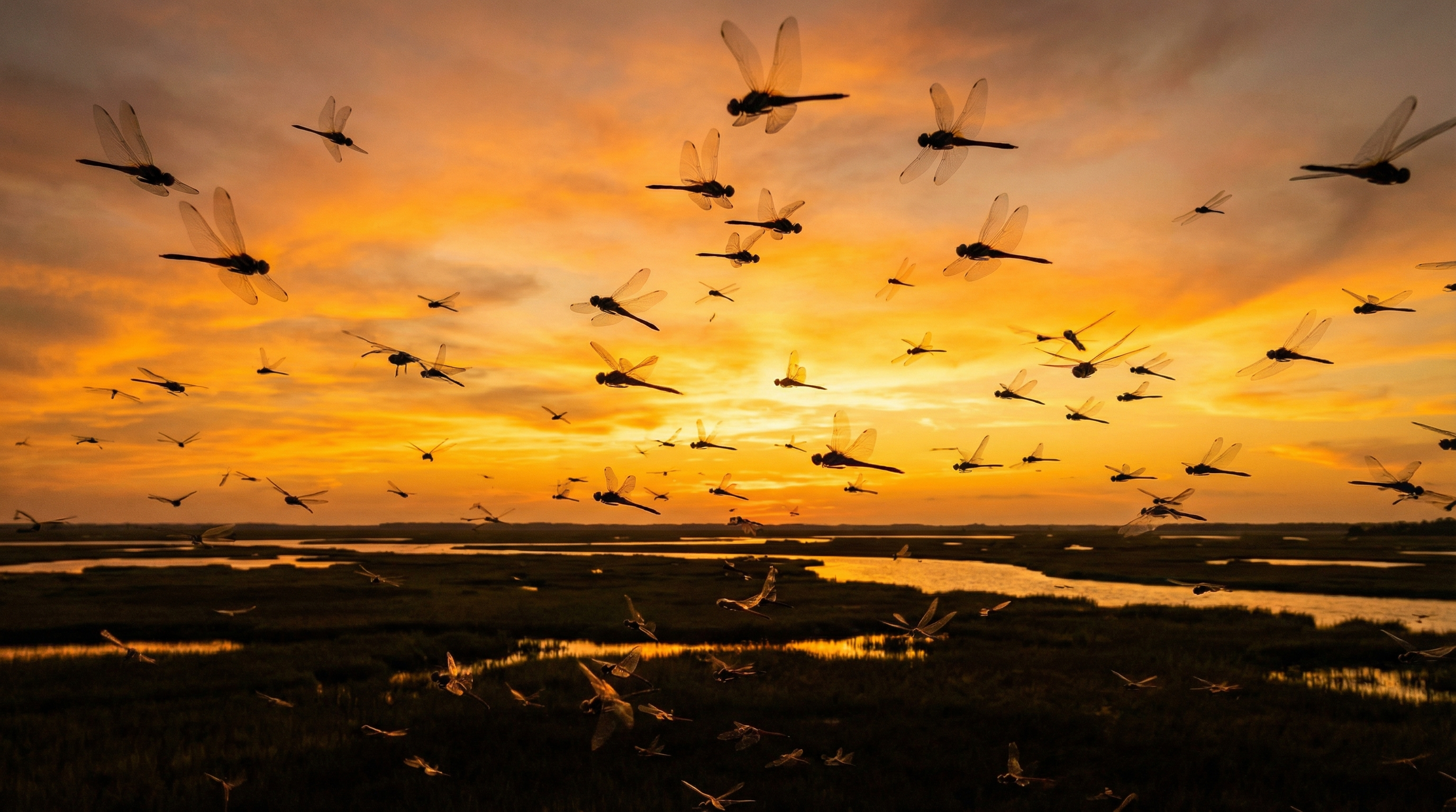 Dragonfly swarm at sunset