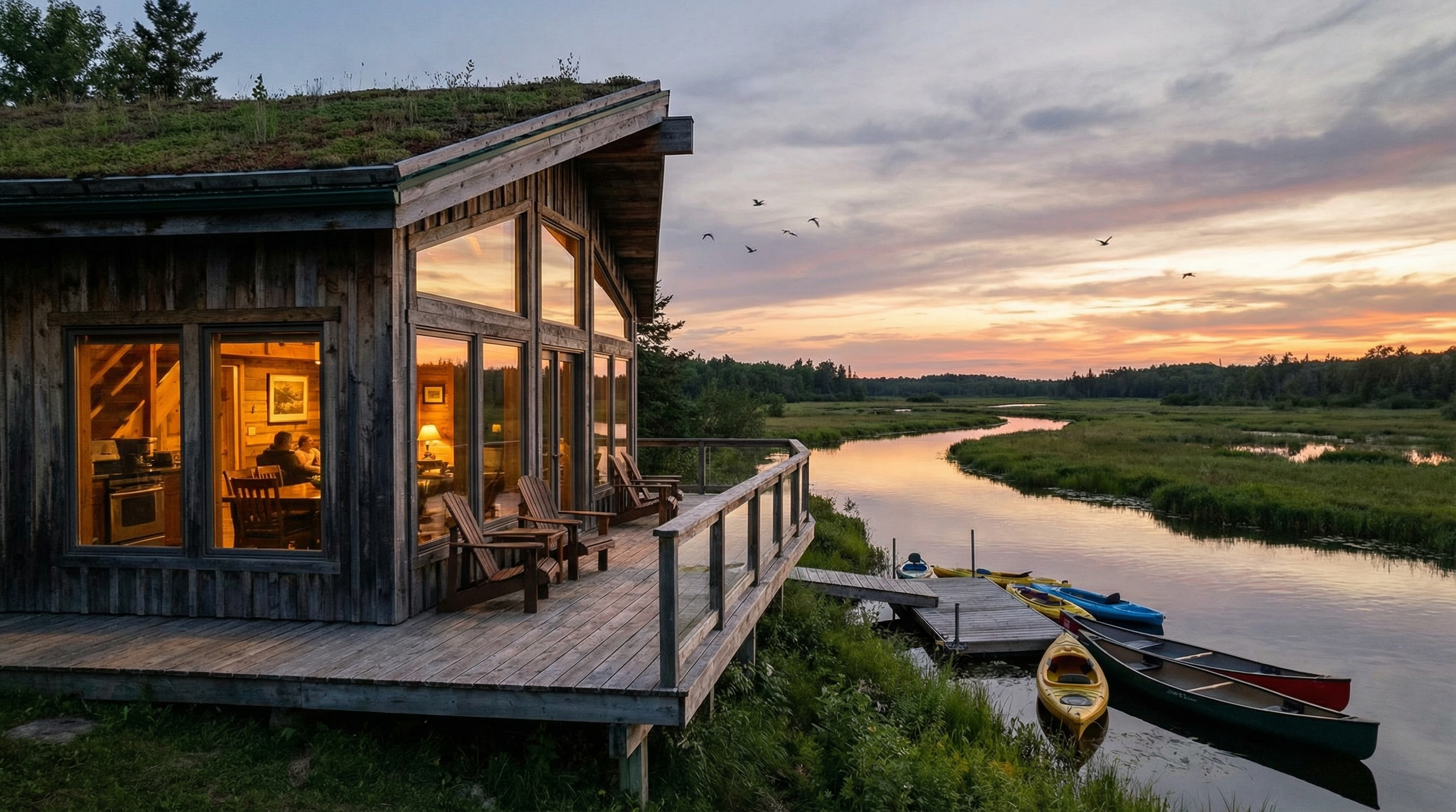 Eco lodge overlooking wetlands at dusk