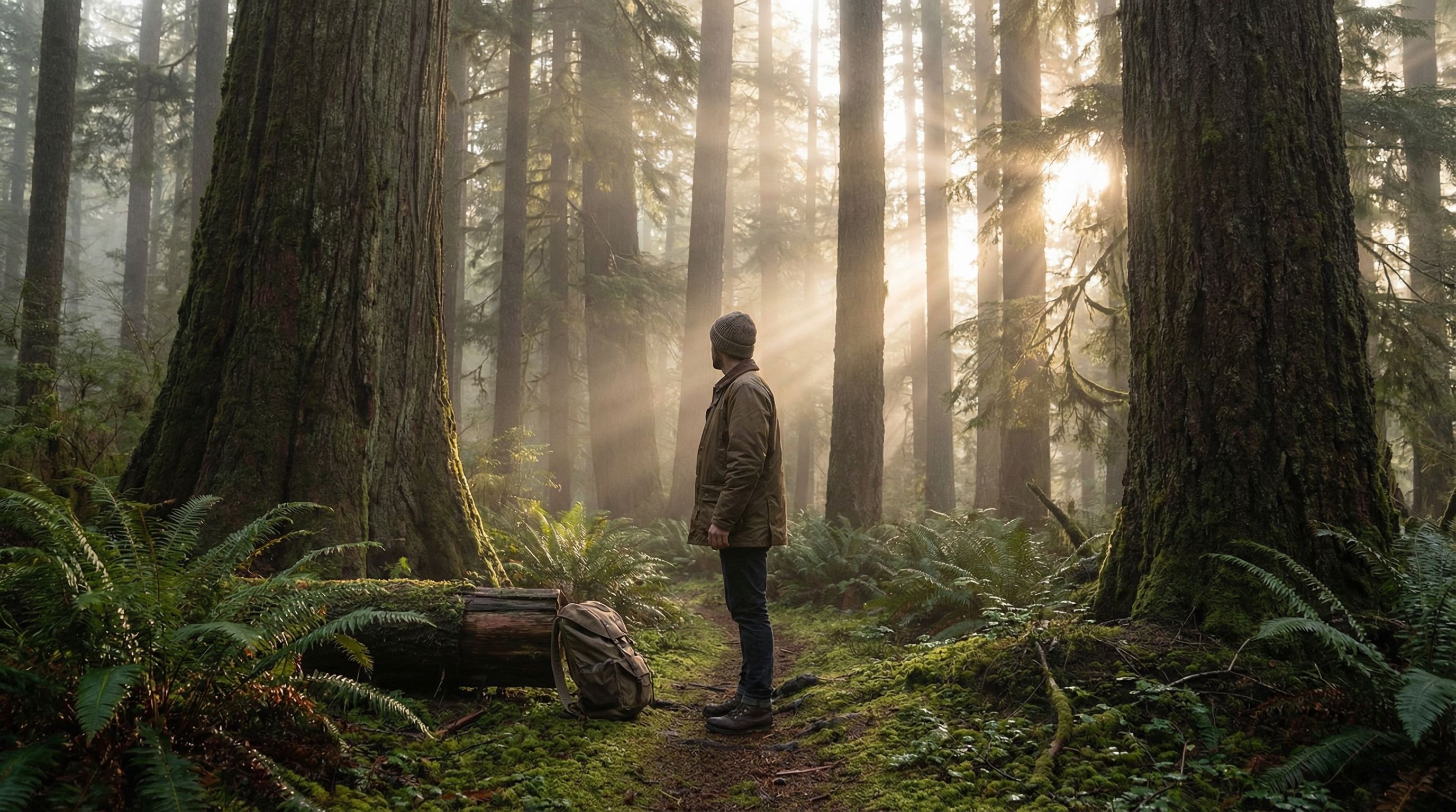 Person standing in misty forest at sunrise