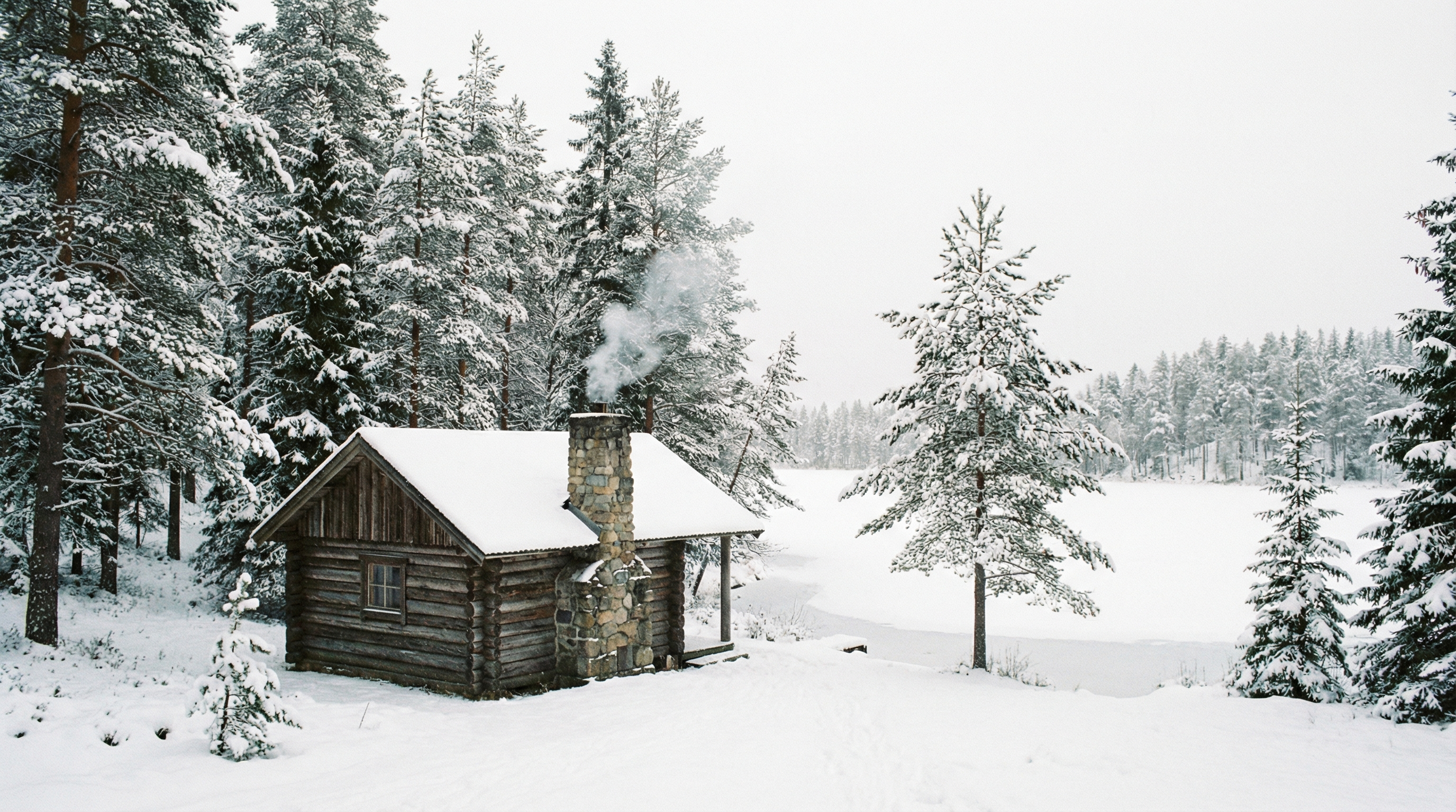 Remote snow-covered cabin in forest
