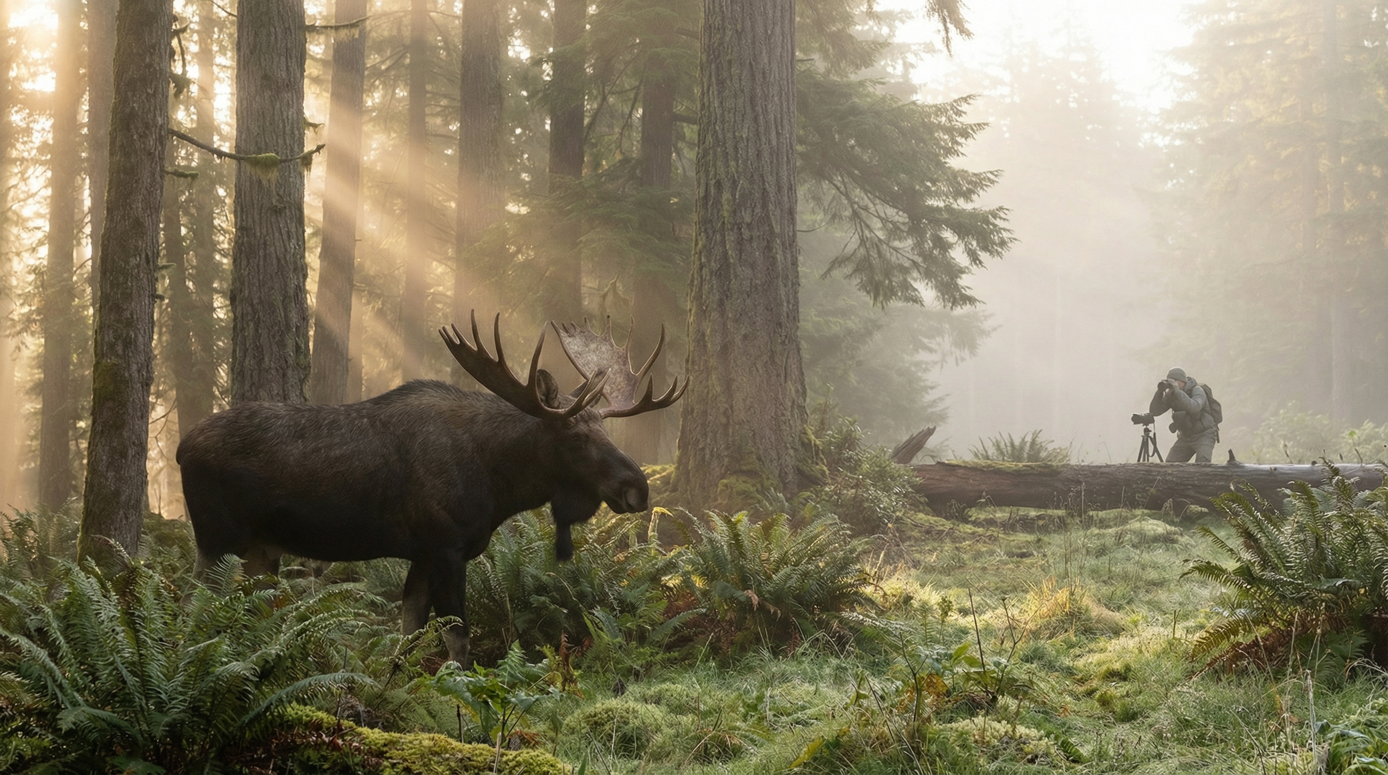 Moose in misty forest clearing at sunrise observed from a safe distance