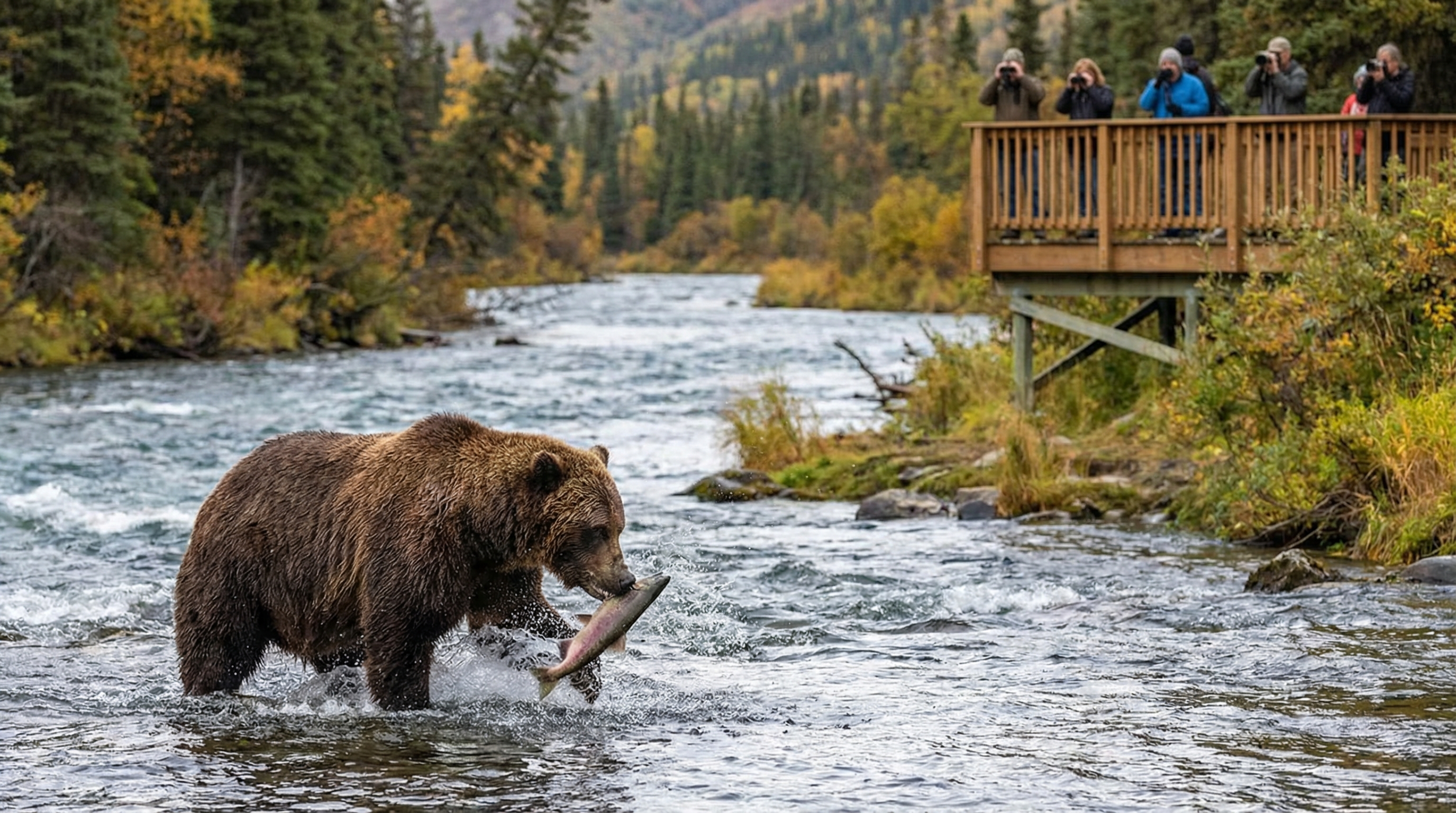 Brown bear fishing in a river with observers safely positioned on a viewing platform