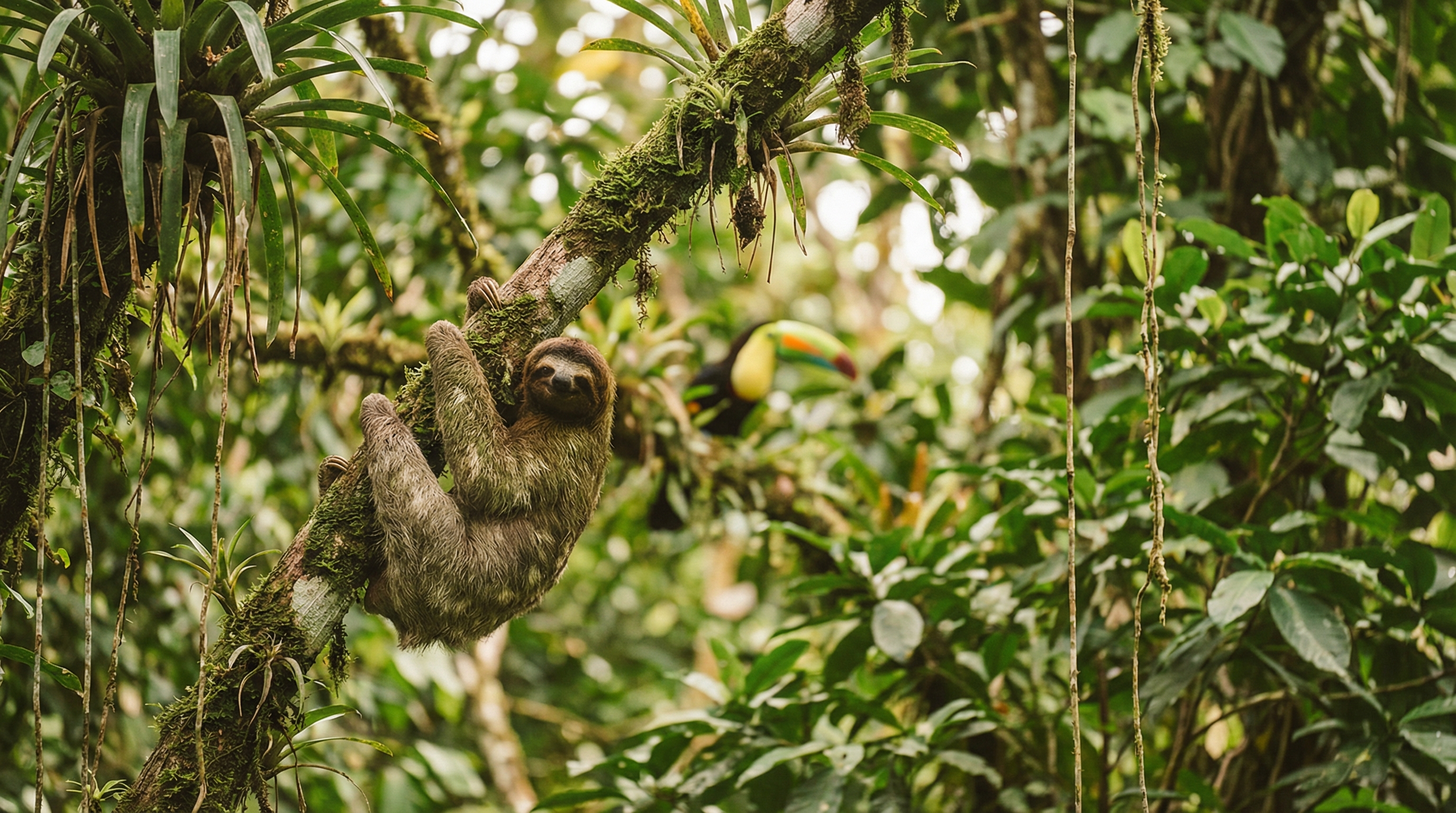 Tropical rainforest wildlife scene with a toucan or sloth in the canopy