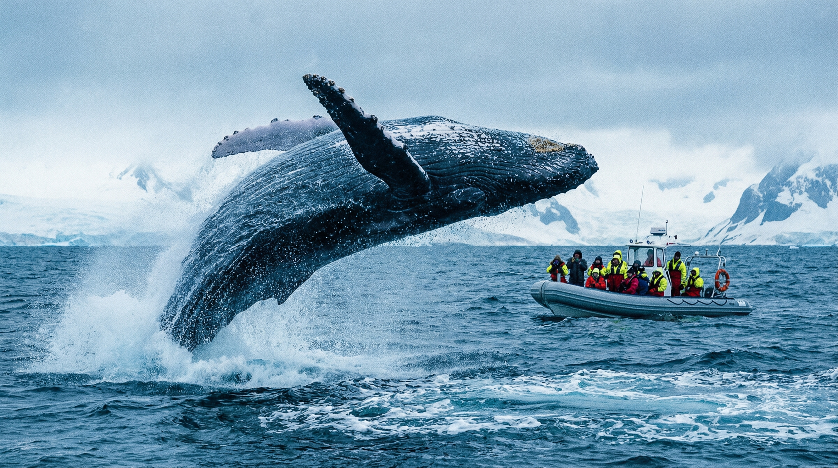 Whale breaching near a small tour boat at regulated viewing distance