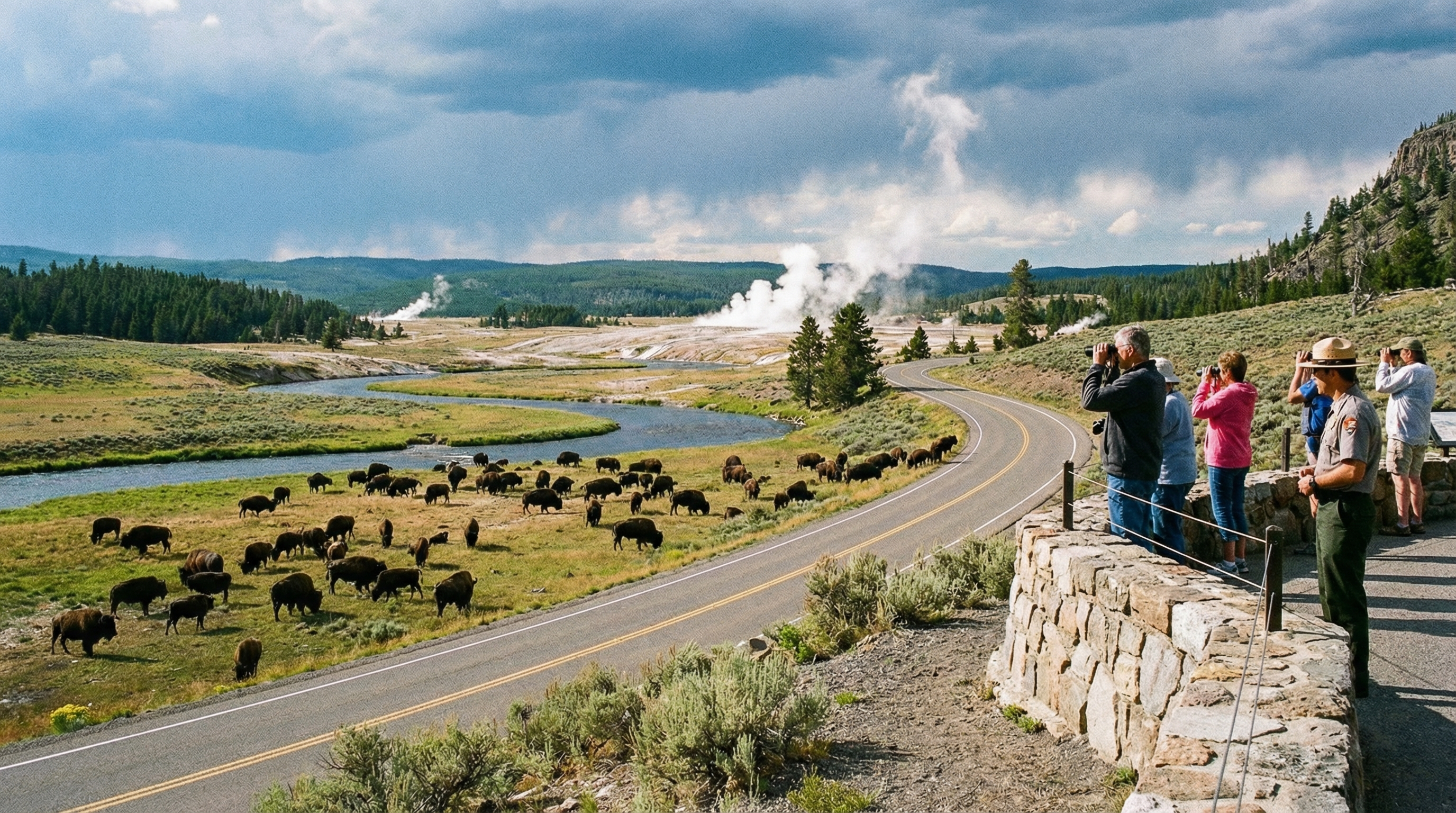 Bison herd in a national park landscape with visitors watching from a safe roadside pullout