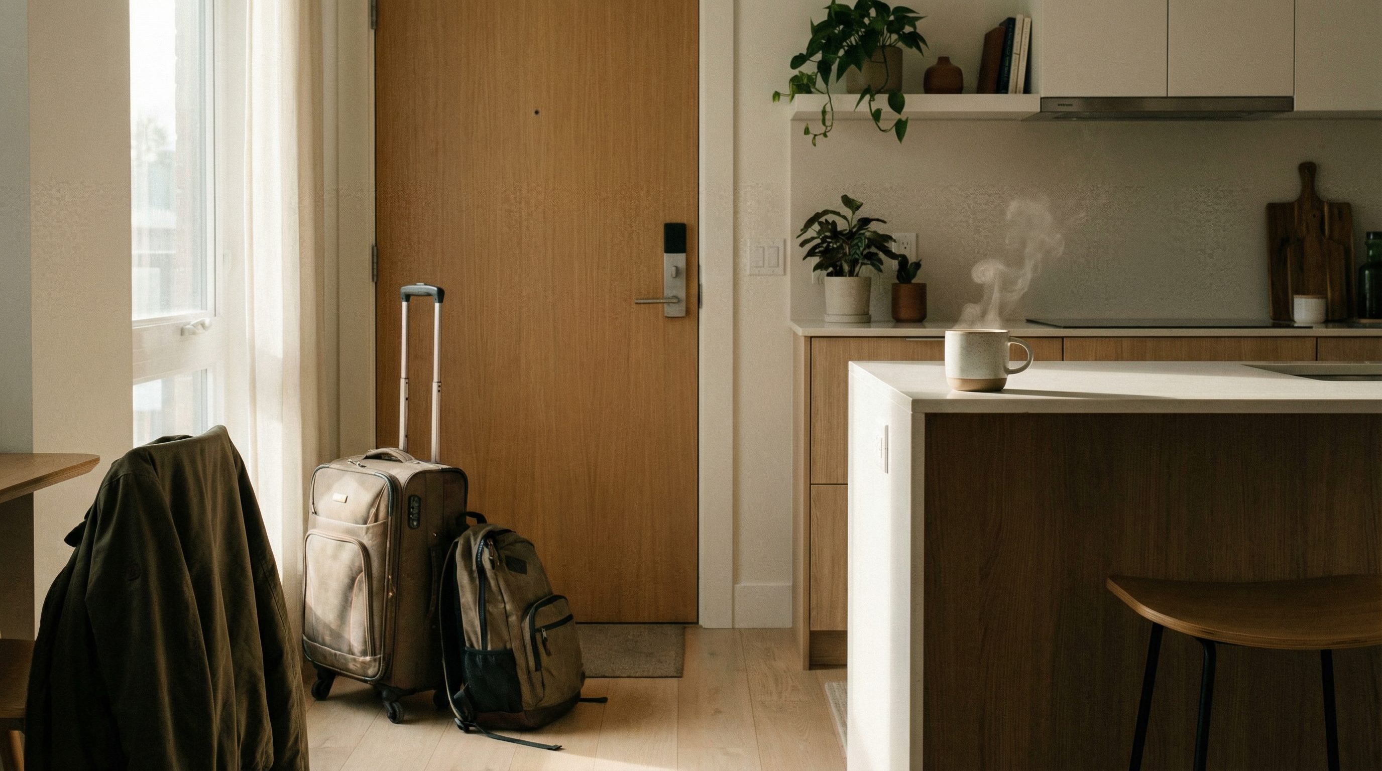 Morning checkout scene with suitcase and coffee