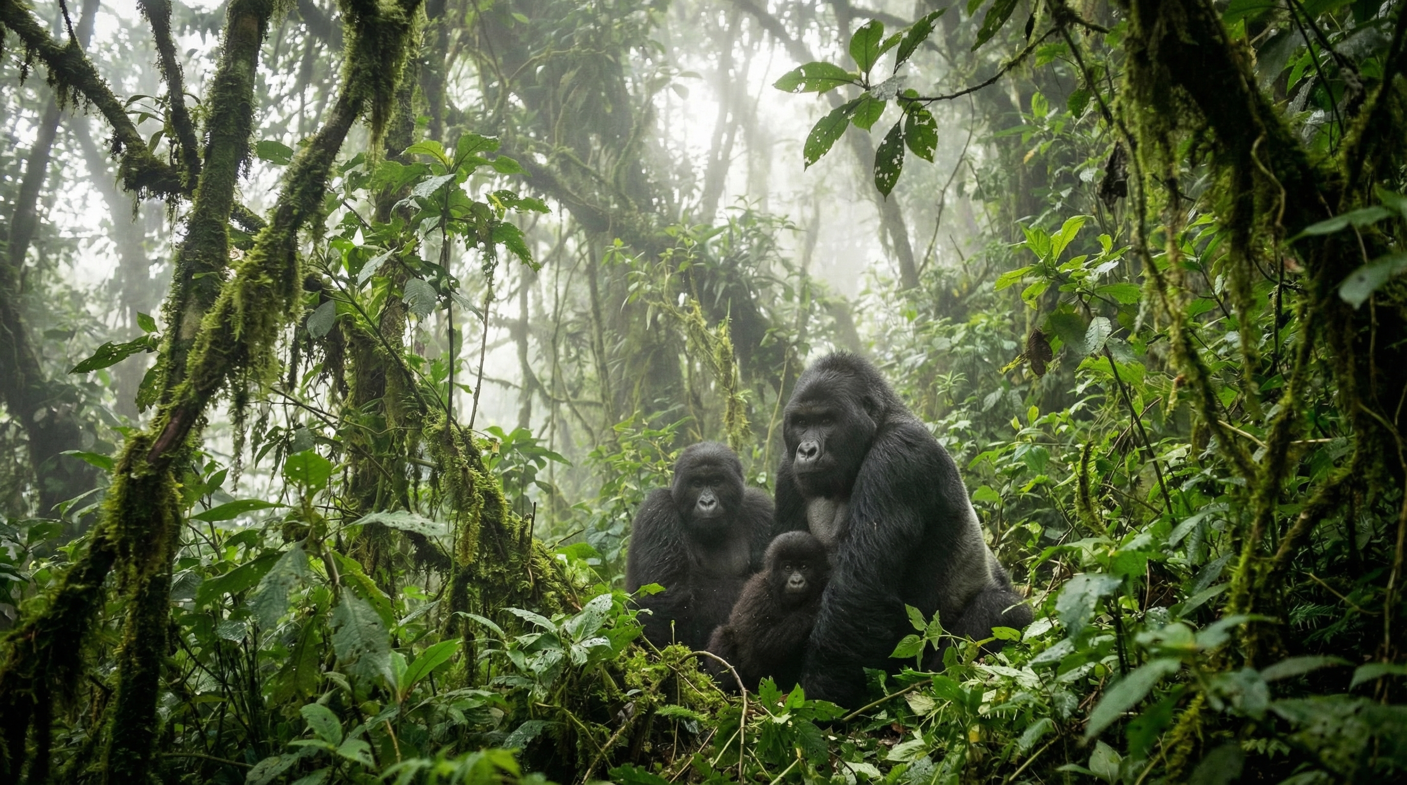Mountain gorillas in misty rainforest habitat with dense jungle canopy