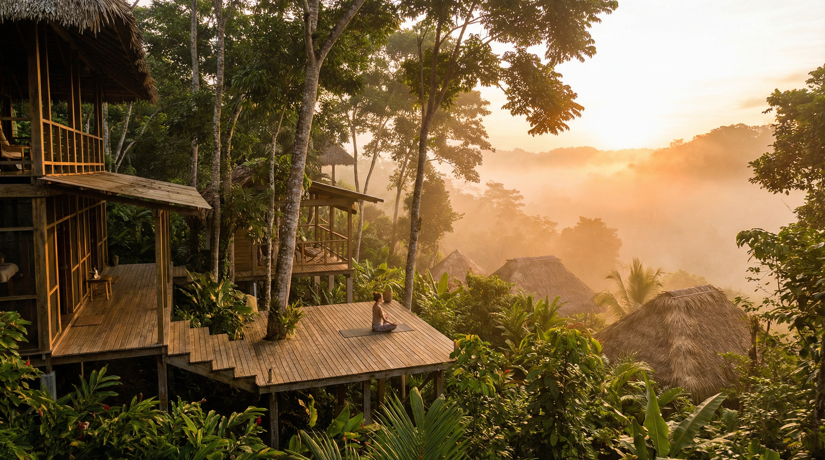 Rainforest eco-lodge at sunrise with sustainable architecture and canopy views