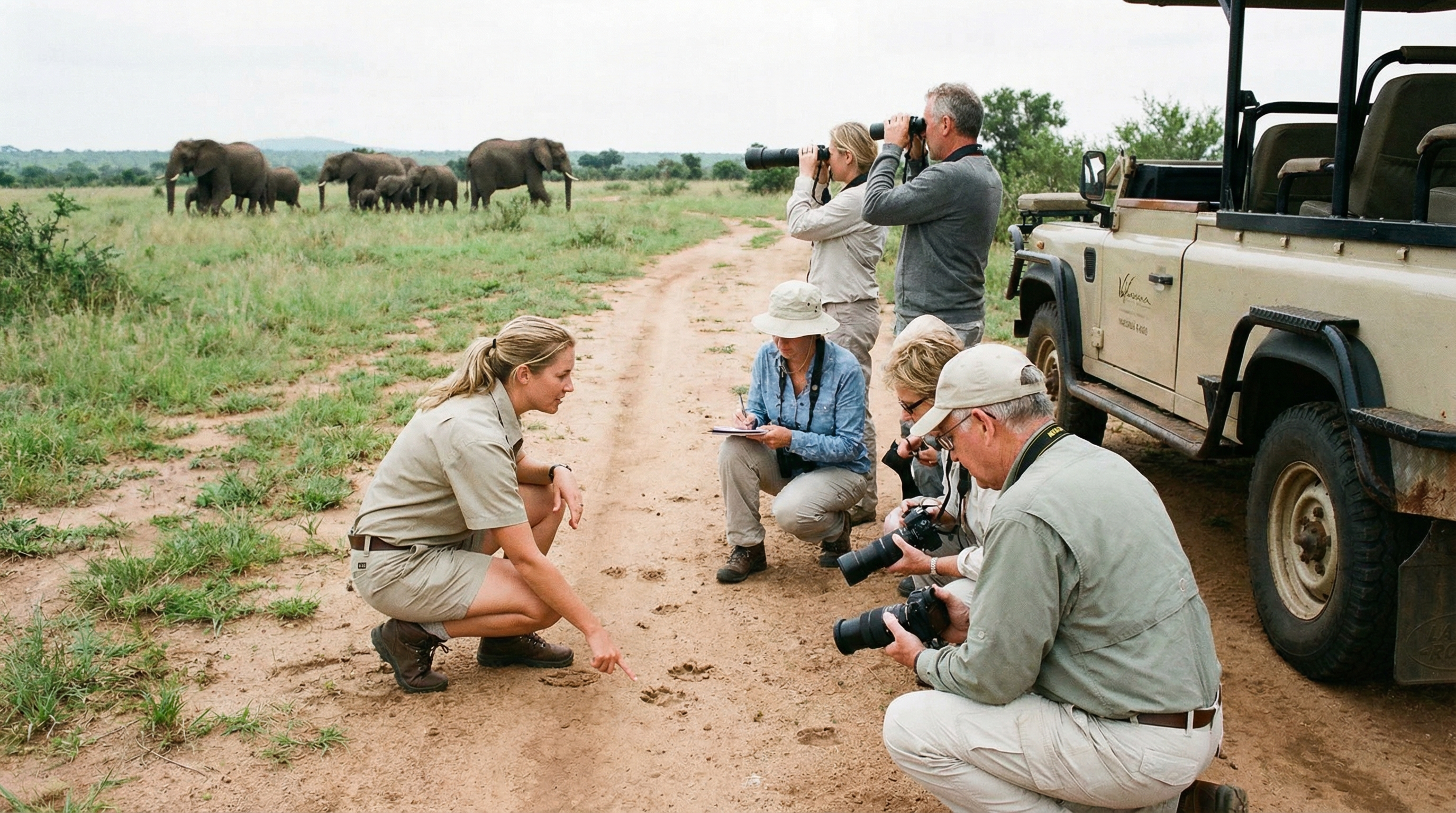 Wildlife guide briefing travelers on respectful viewing and distance management in nature