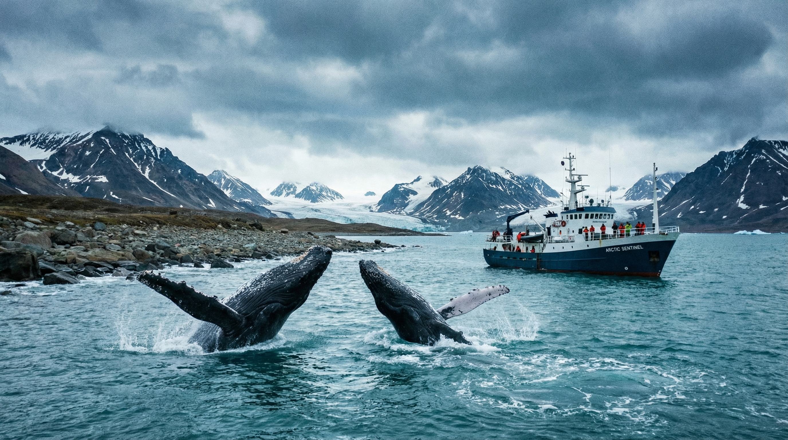 Northern coastal landscape with whales breaching offshore and a research vessel in the distance