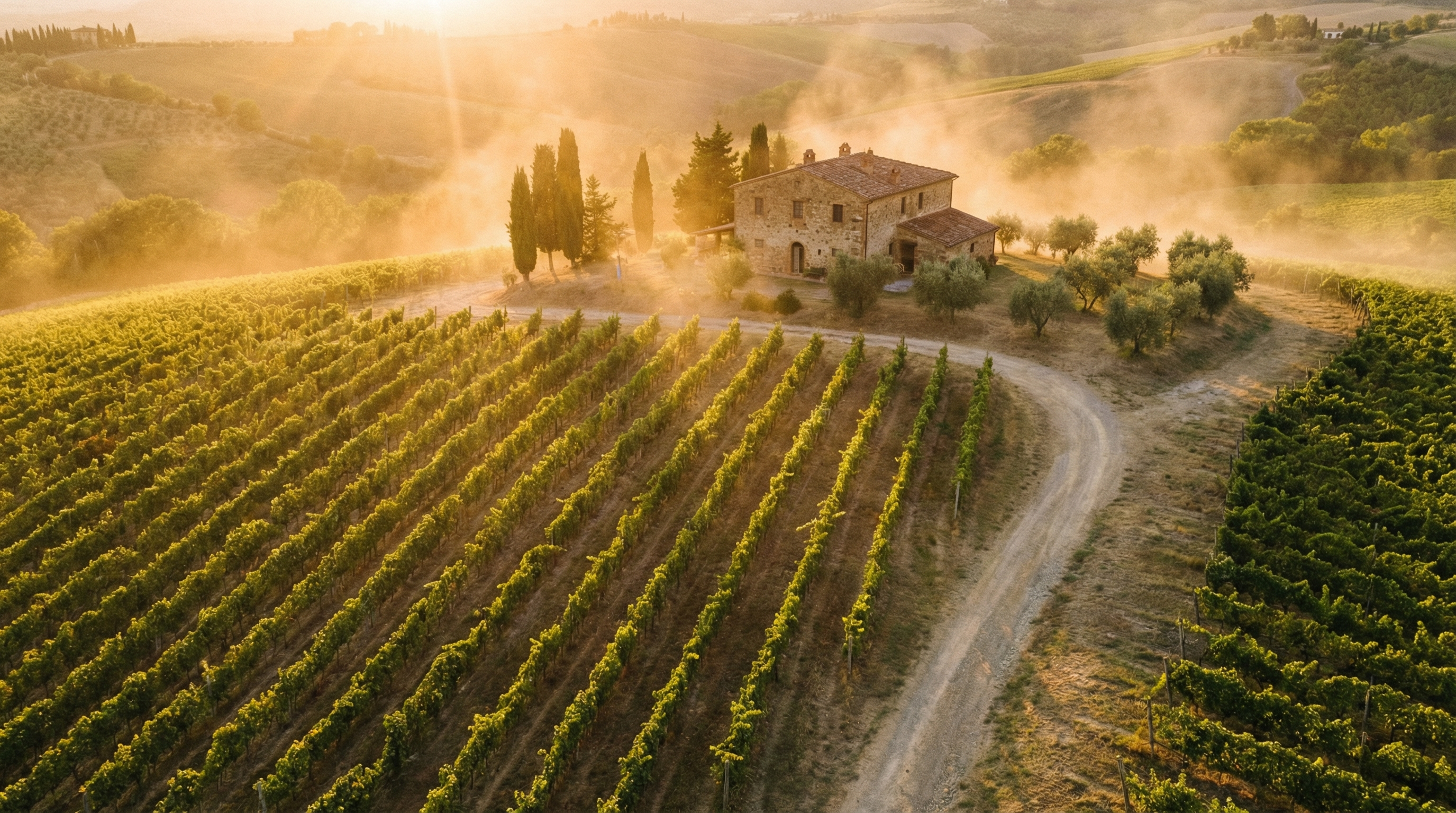 Tuscan organic vineyard at sunset