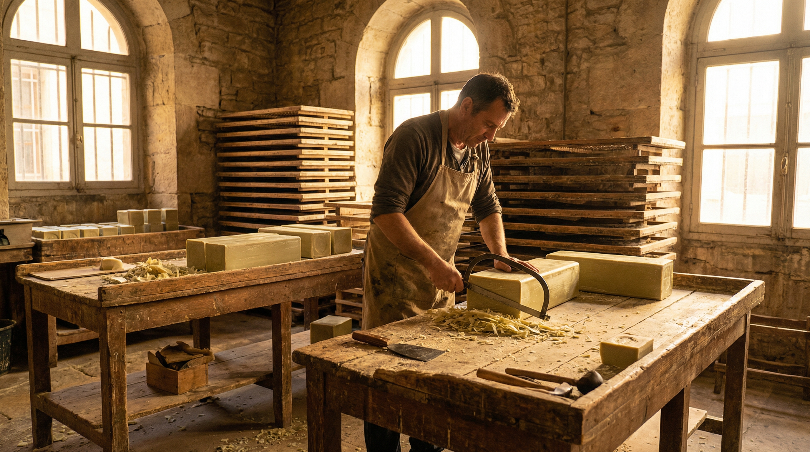 Traditional Marseille soap workshop with artisan cutting olive oil soap blocks
