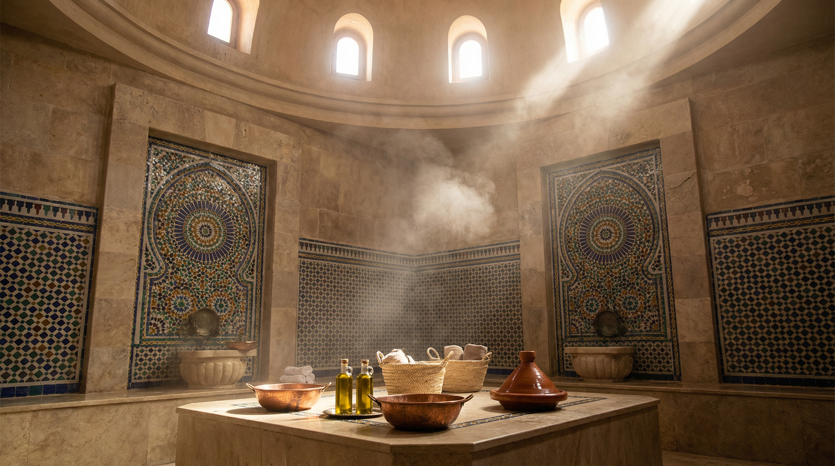Traditional Moroccan hammam interior with steam and mosaic tile
