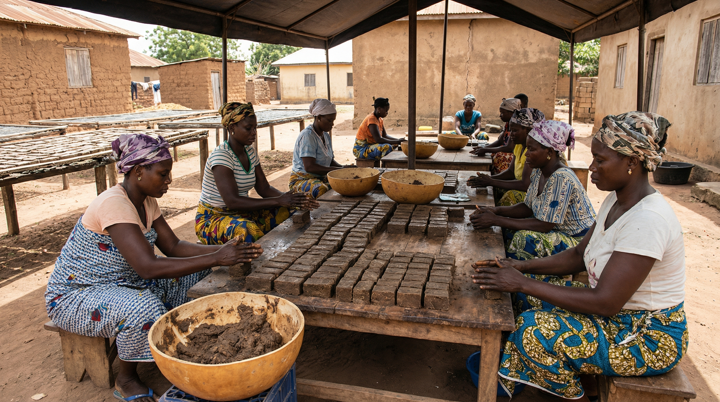 Ghanaian artisan shaping traditional black soap outdoors