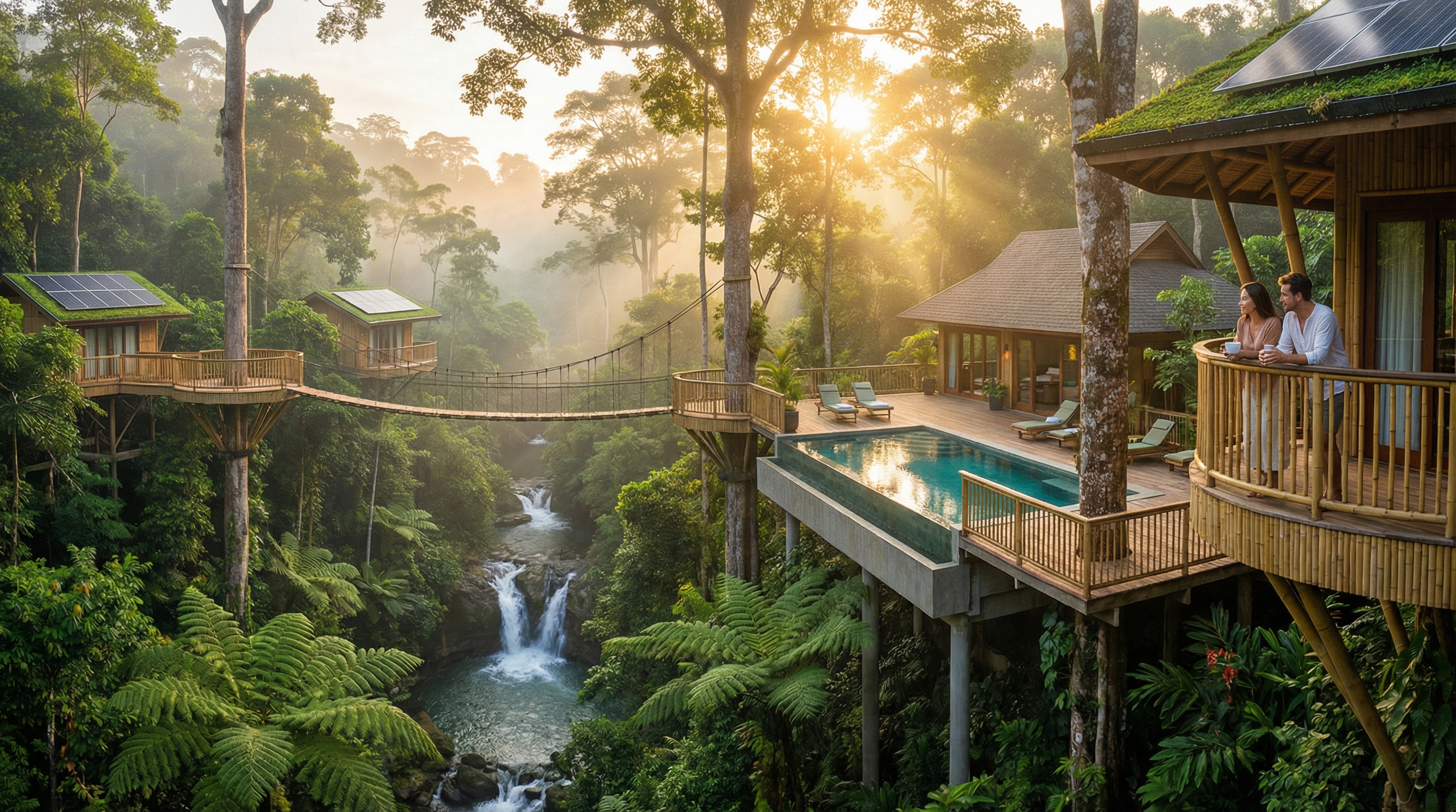 Eco lodge retreat in rainforest canopy with morning mist and sunrise light