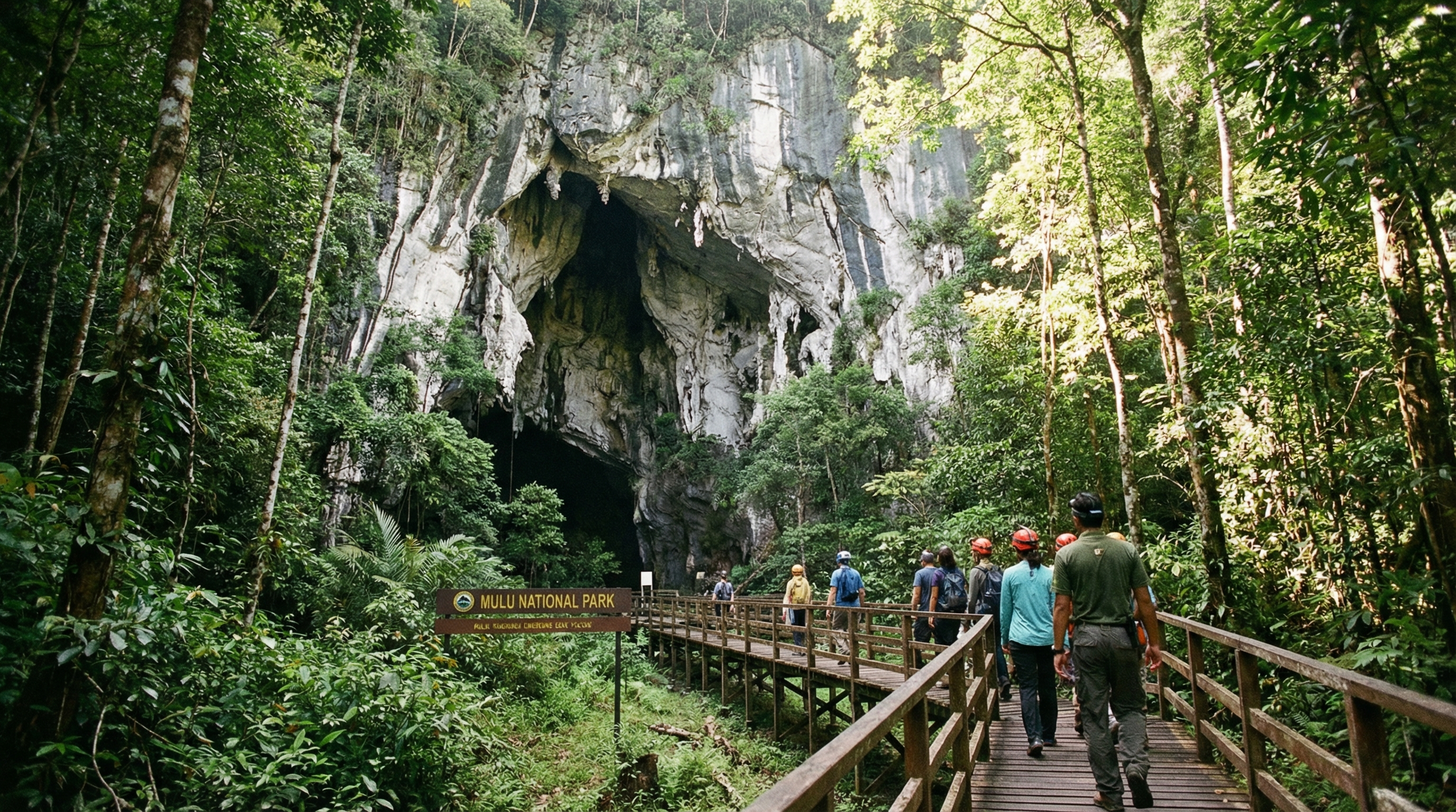 Gunung Mulu National Park cave entrance surrounded by rainforest in Malaysia
