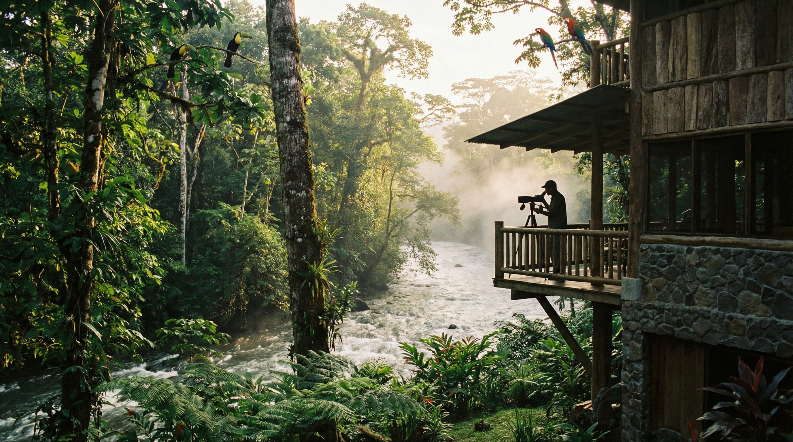 Sarapiquí rainforest lodge setting with river and dense greenery in Costa Rica