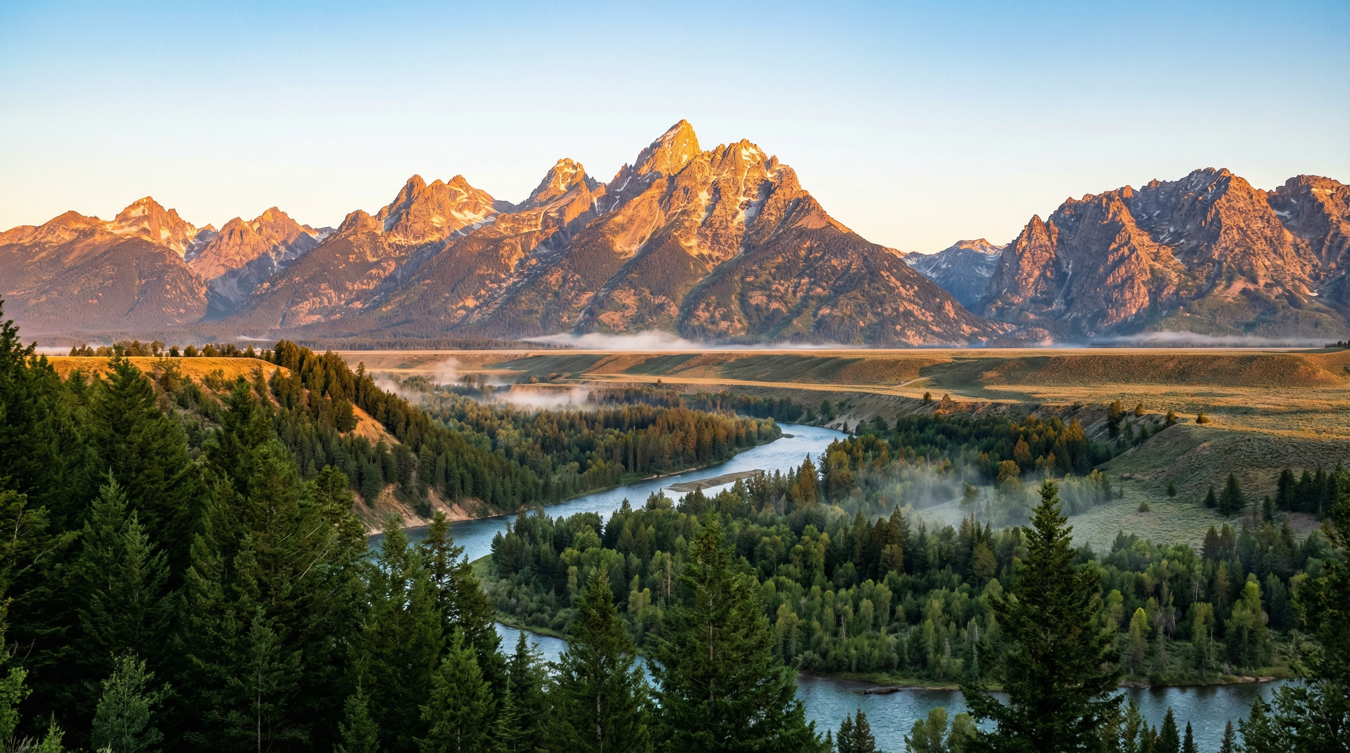 Cinematic national park landscape at sunrise with mountains, river, and valley mist