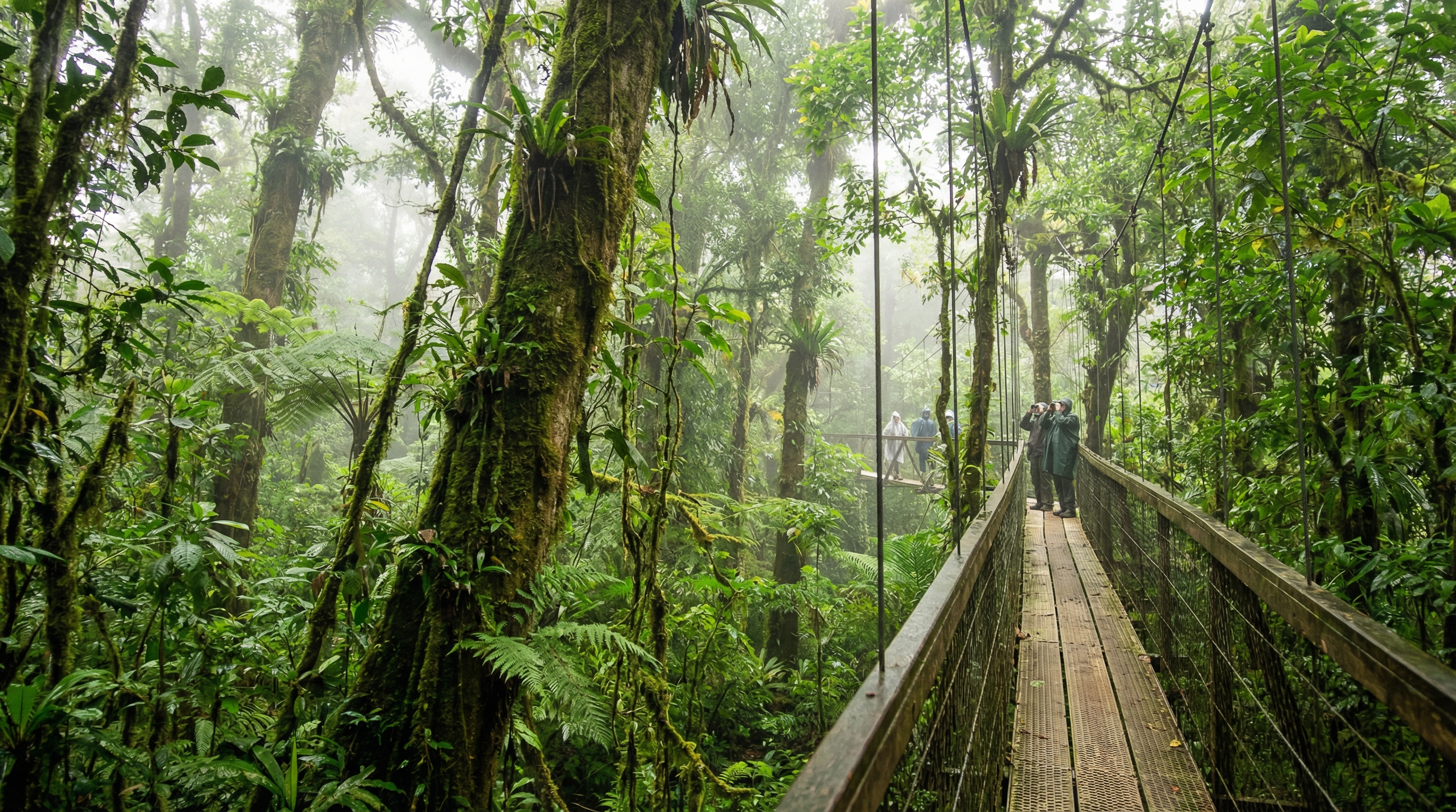 Rainforest national park walkway through dense misty tropical canopy