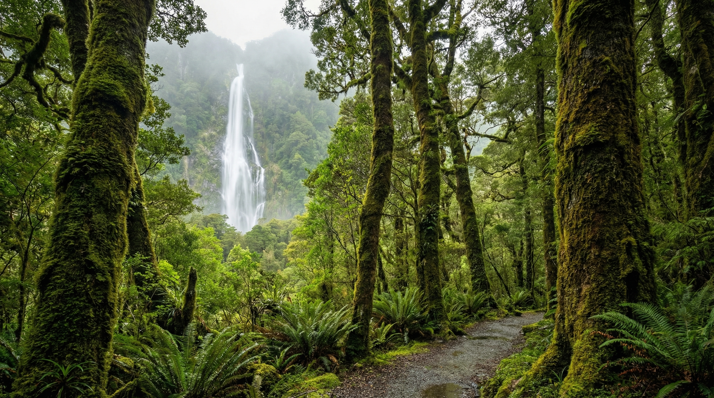 Fiordland New Zealand rainforest and waterfall