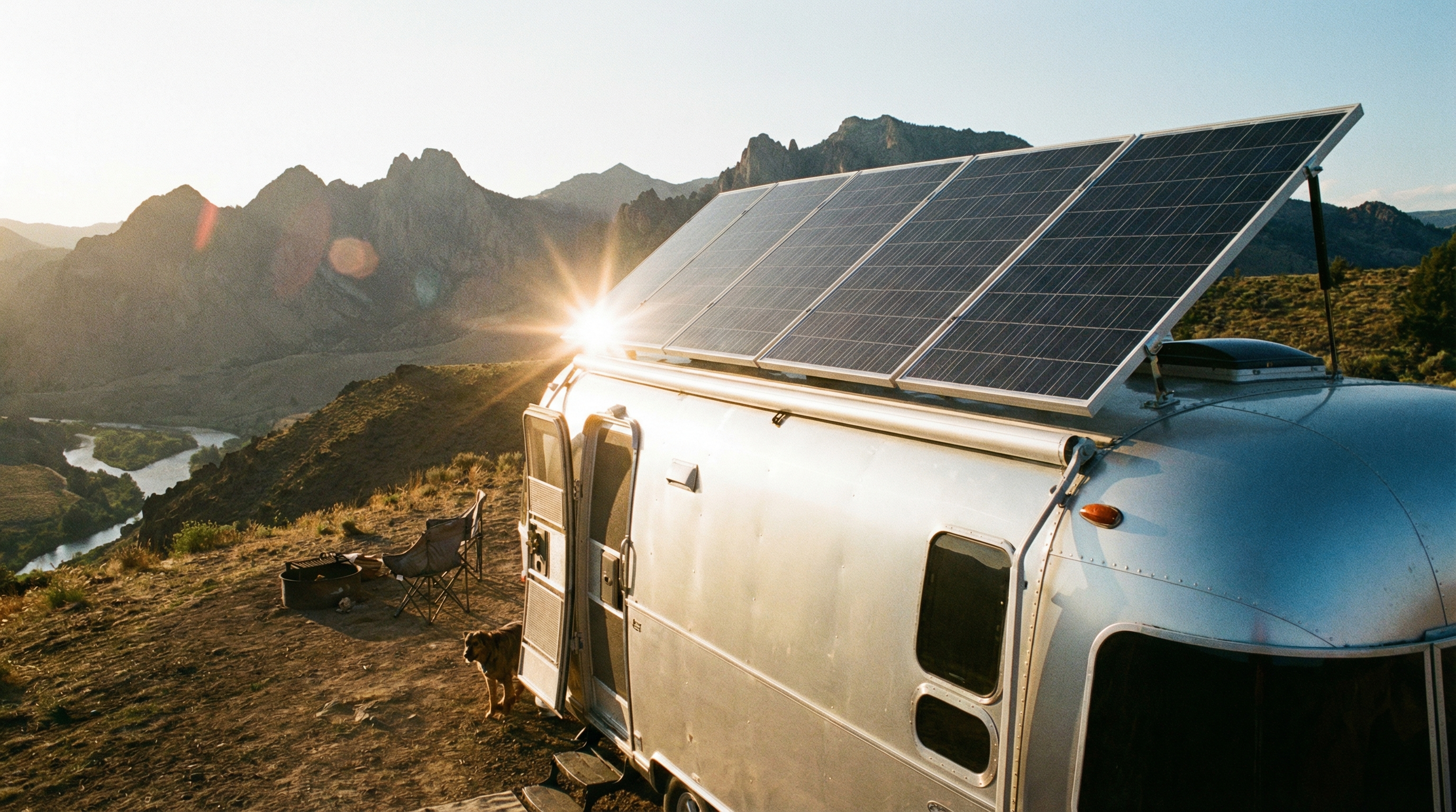RV with rooftop solar panels boondocking at sunset
