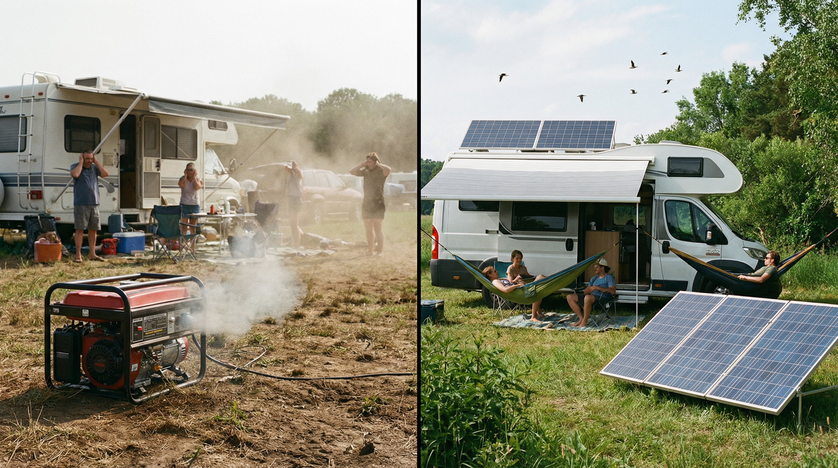 Generator vs solar comparison at a campsite