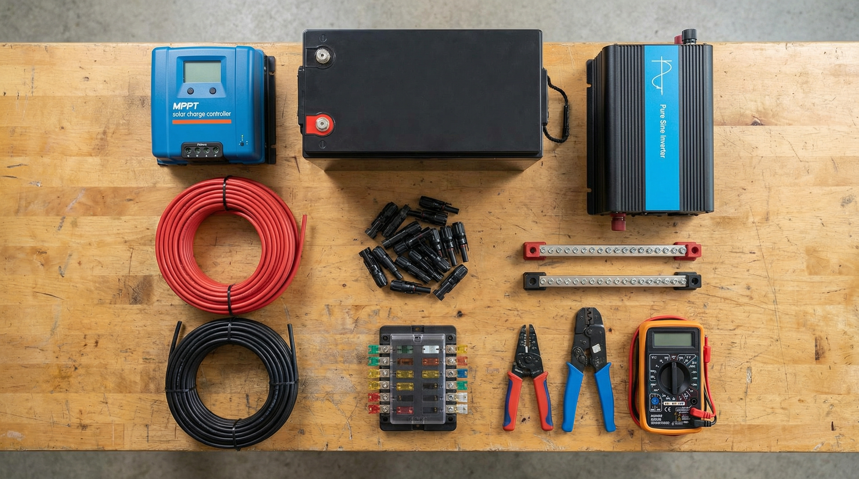 RV solar system components laid out on a workbench