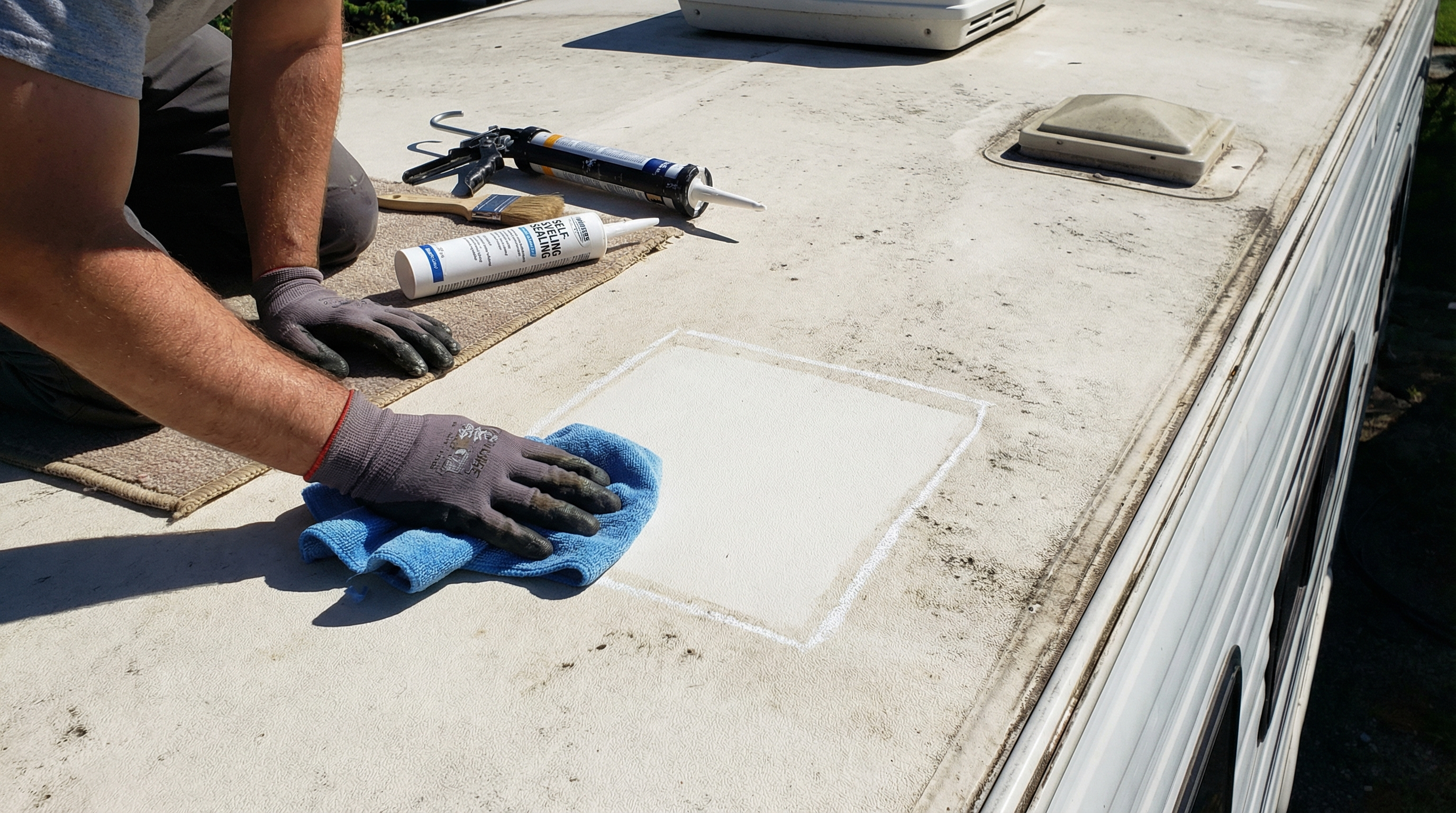 Cleaning RV roof before installing solar panels