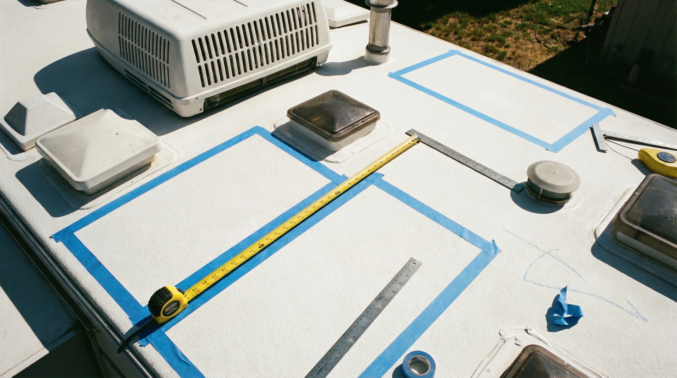 Planning solar panel placement on RV roof with tape