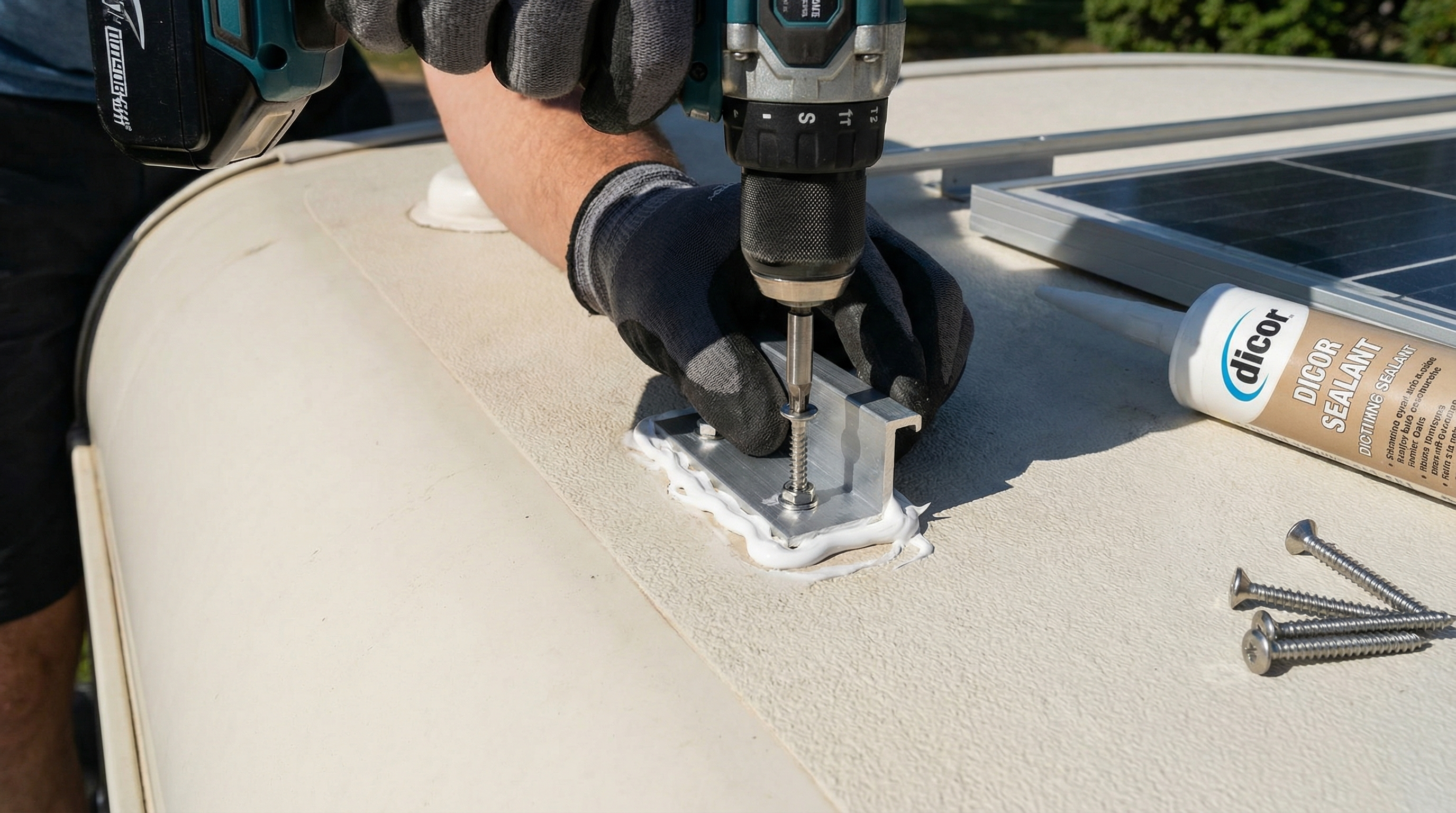 Installing solar panel mounting brackets on an RV roof