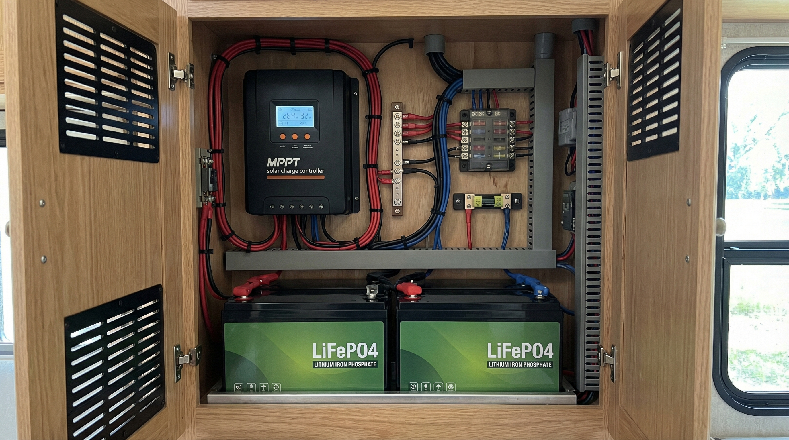MPPT charge controller mounted near an RV battery bank