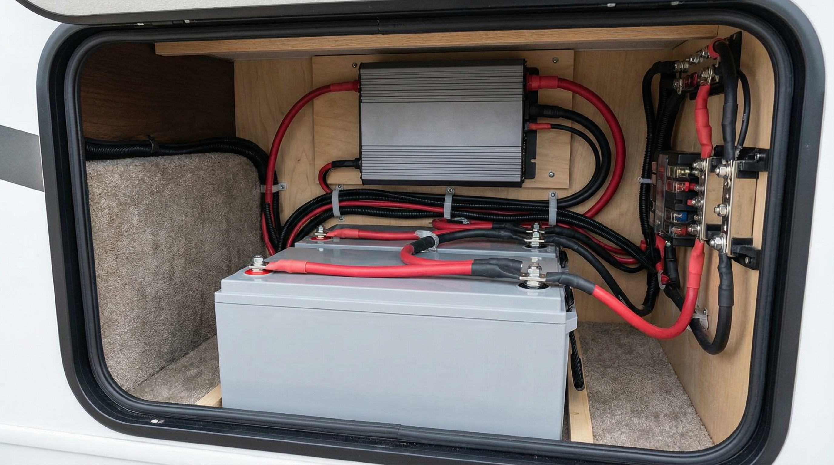 Lithium battery bank and inverter wiring installed in an RV compartment