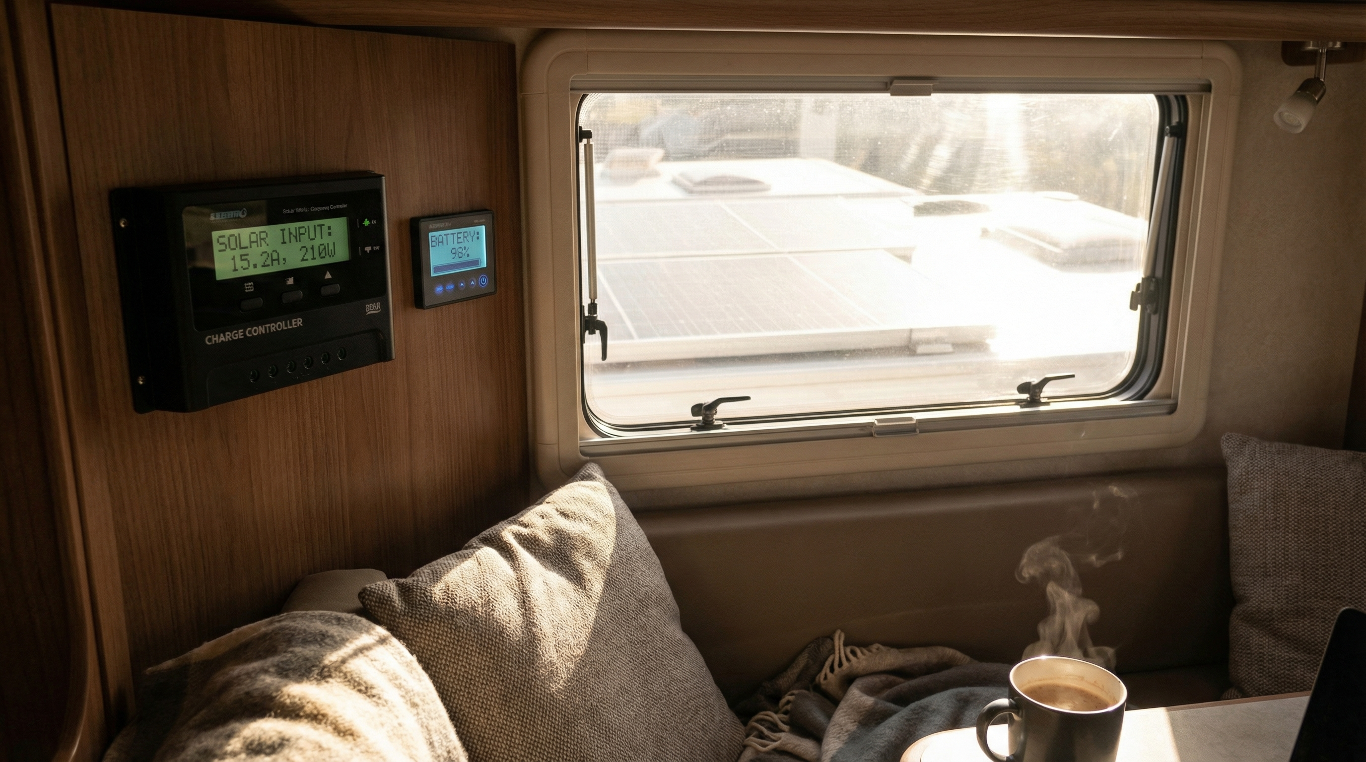 Charge controller display showing RV solar charging status