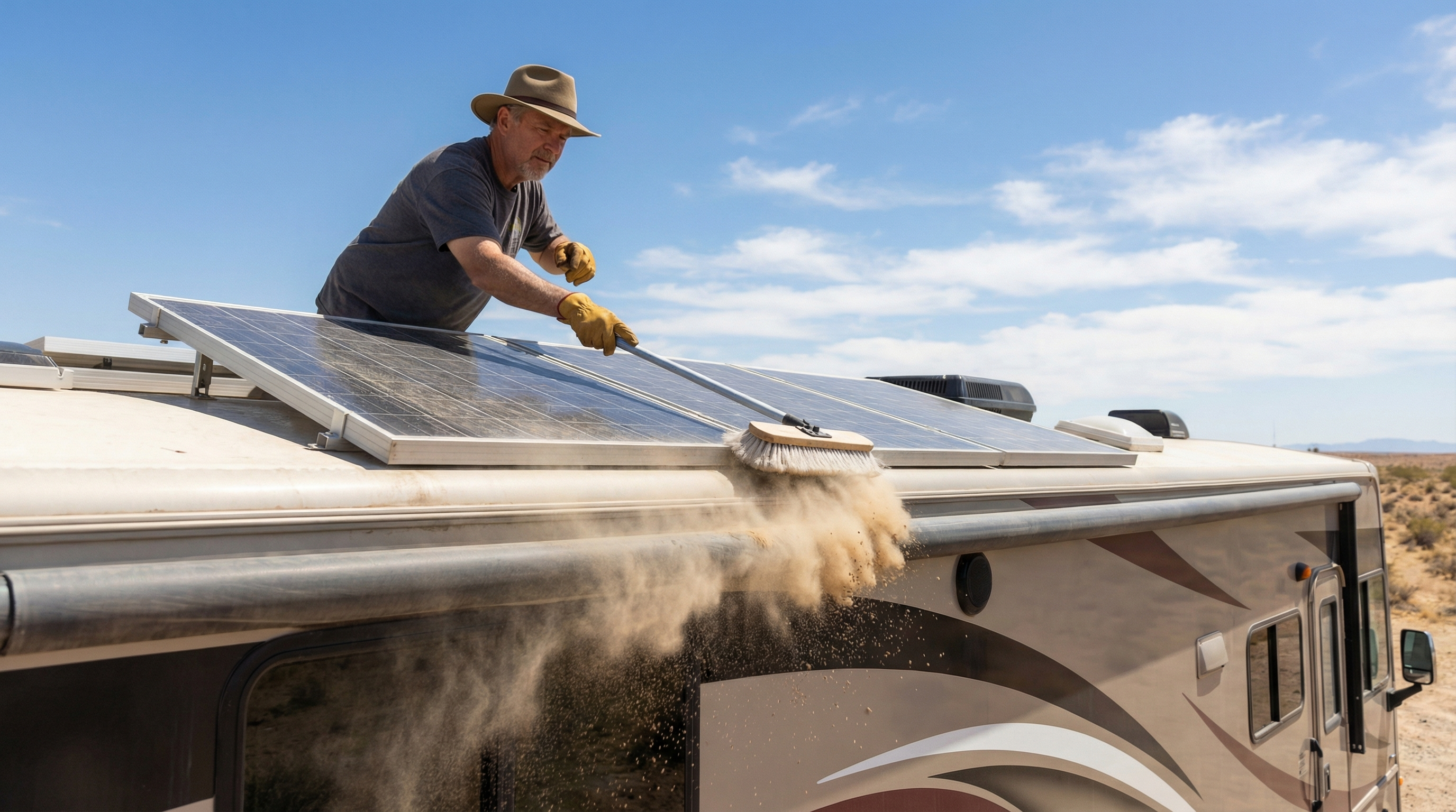 RVer cleaning rooftop solar panels for maintenance